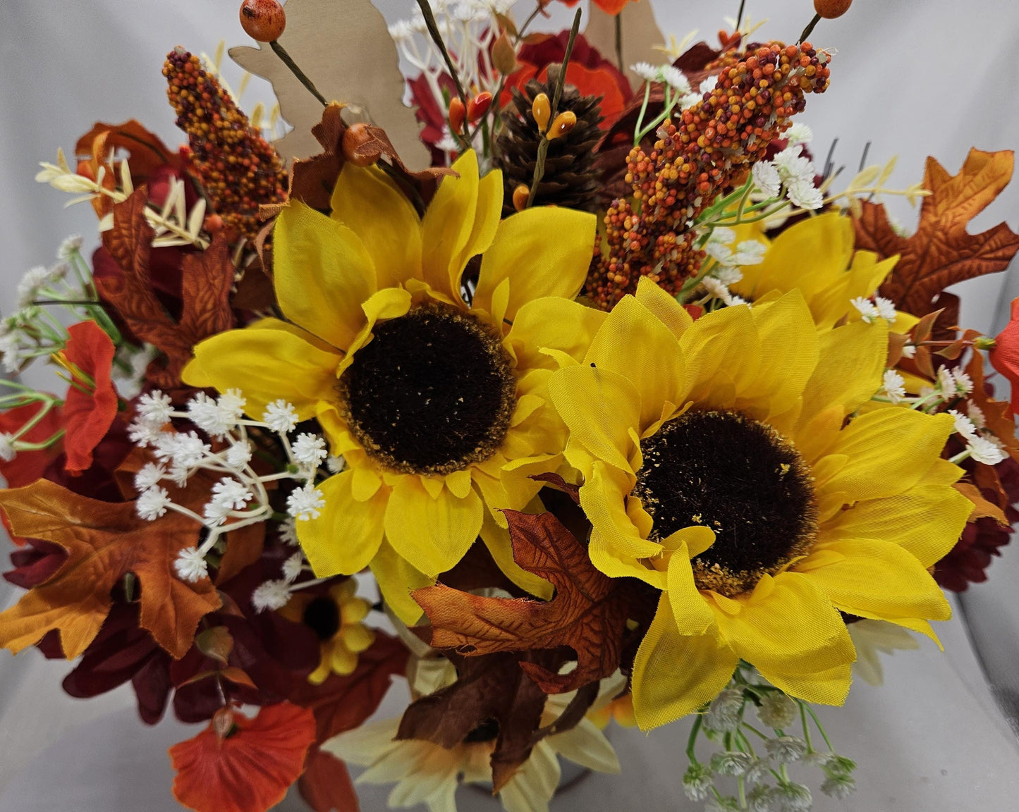 Gnome Fall Floral Arrangement: Sunflowers or Red Mums