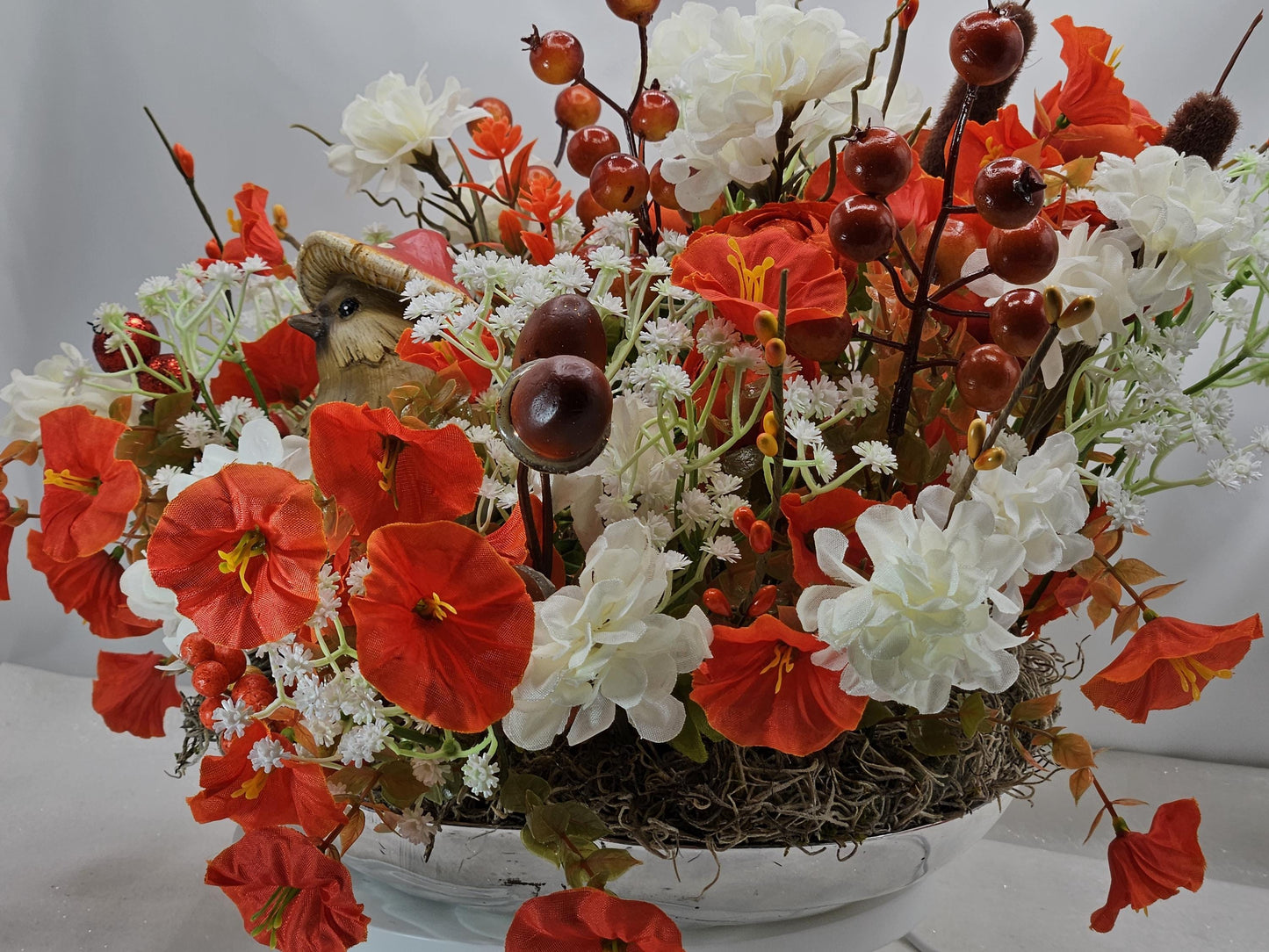 Pumpkin Floral Arrangement: Autumn Bird Garden Centerpiece