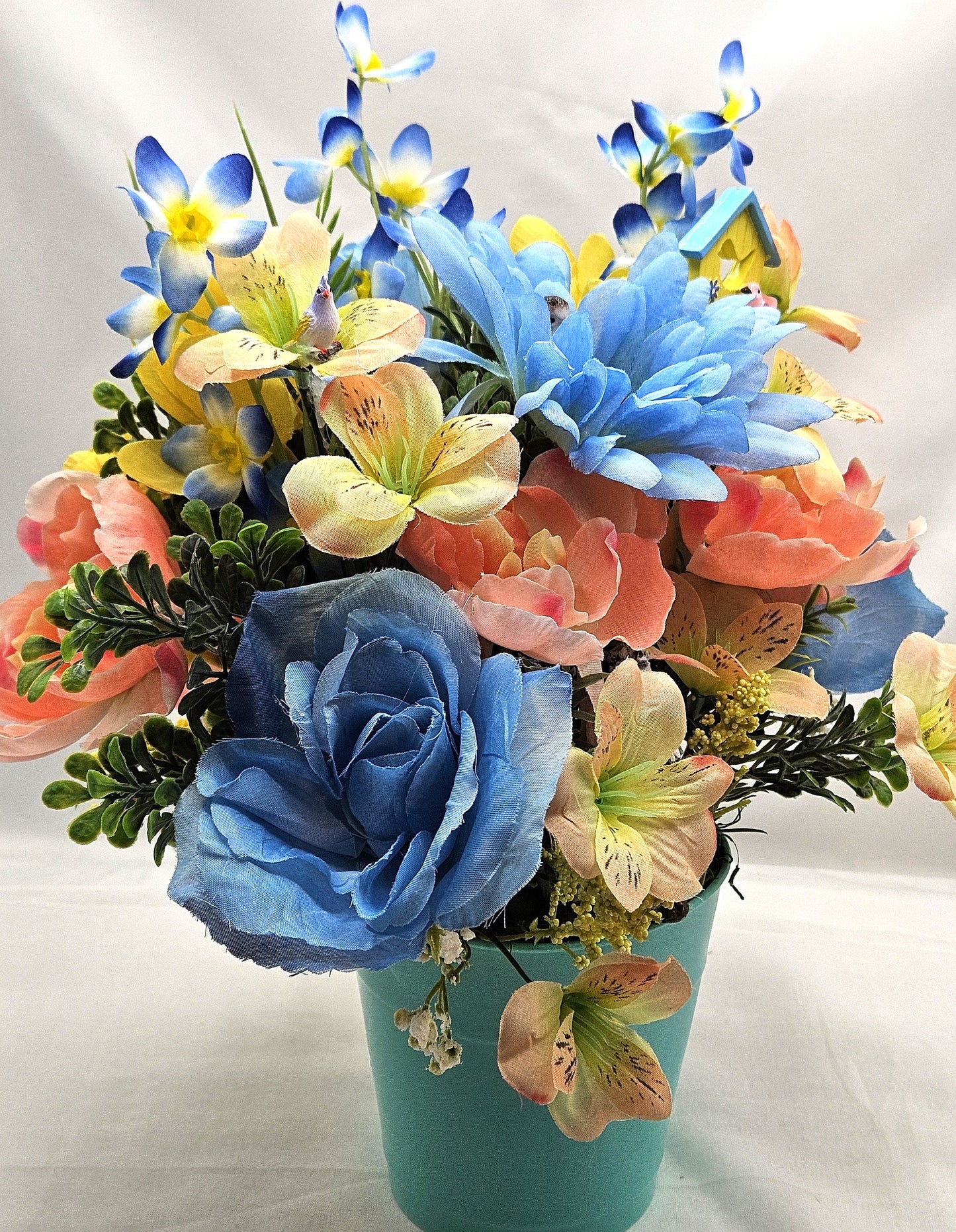 Bird Inspired Flower Arrangement in an Aqua Blue Pot with Peach/Blue/Yellow Flowers, Birid Accents, Bird Lover Gift, Great Home Gift Idea