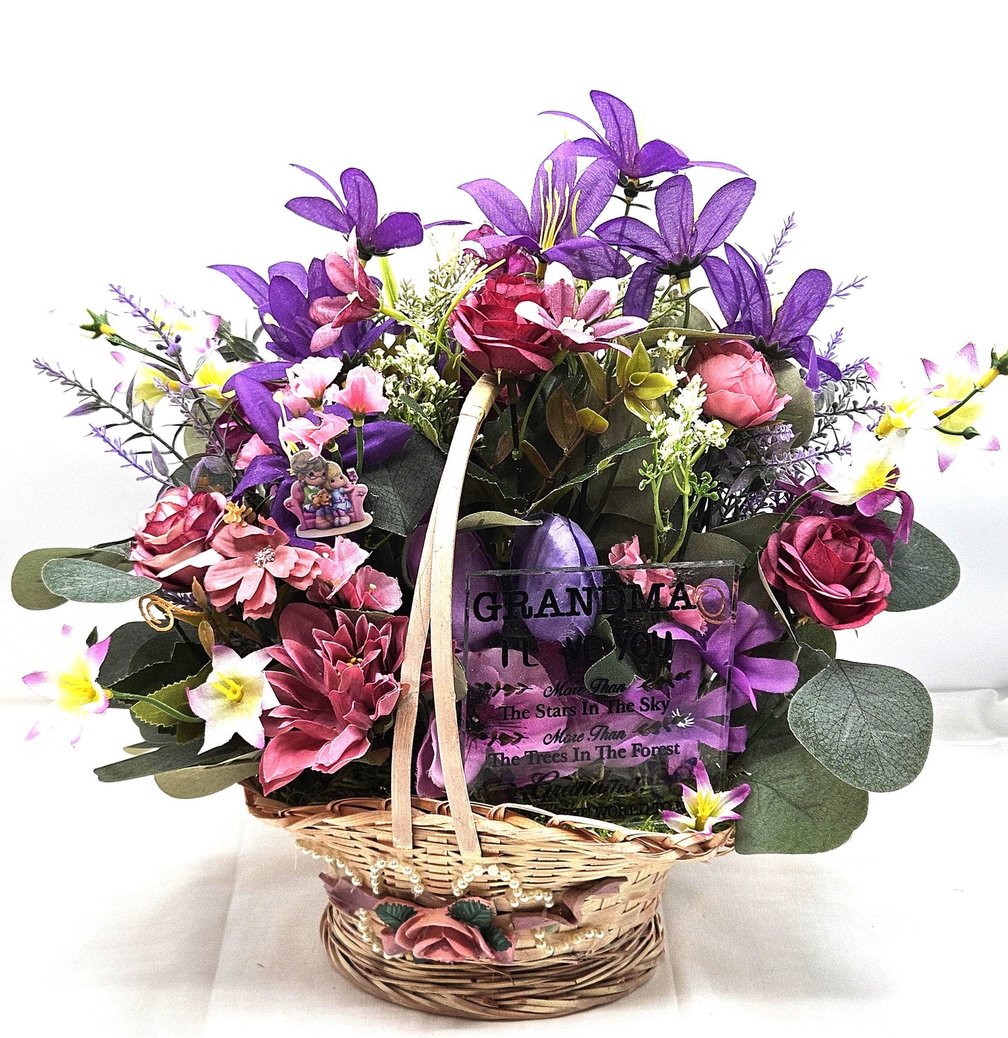Sentimental Grandma Flower Basket, Pink & Purple Blossoms, Mother's Day Gift, Birthday Sentimental Surprise