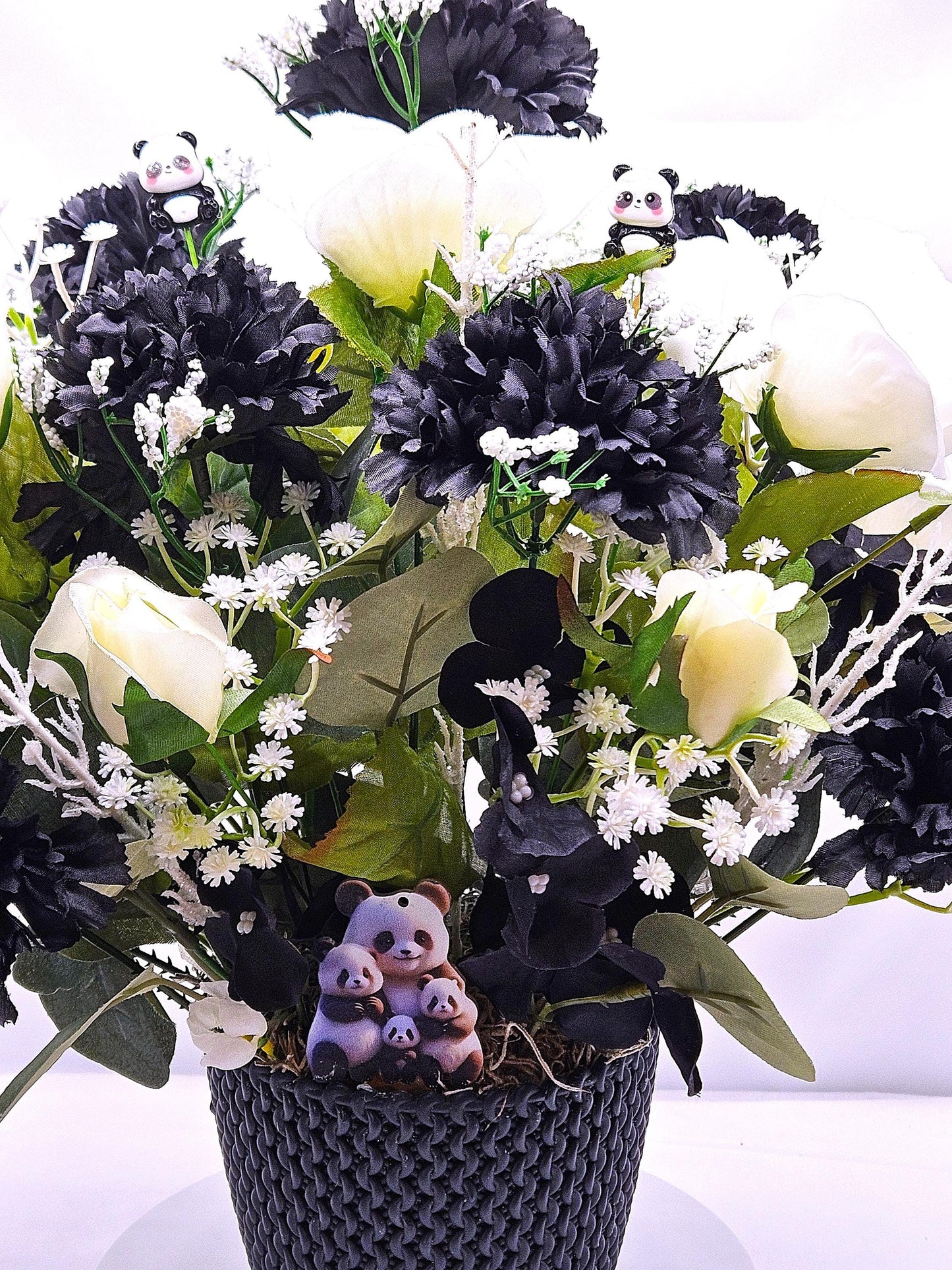 I Love Pandas Flower Arrangement/Black Flower Pot/White Roses/Black Carnations/Panda Bear Accents/Great Gift or Home Decor/Panda Bear Lover