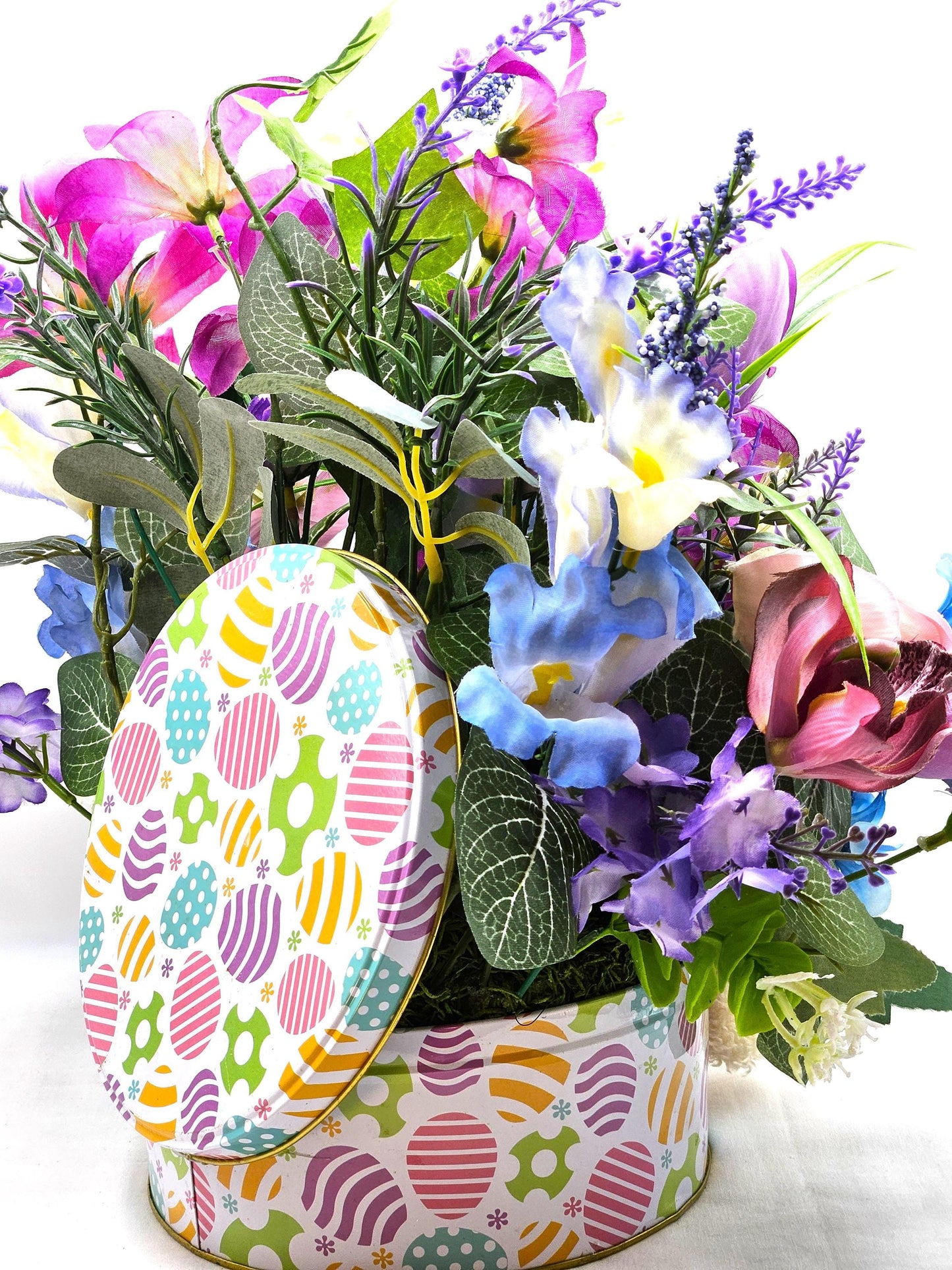 Large Easter Egg Tin with Vintage Rabbit Holding an Egg and Sitting amidst Purple/Lilac Lilies/Tulips and Blue Hyacinths