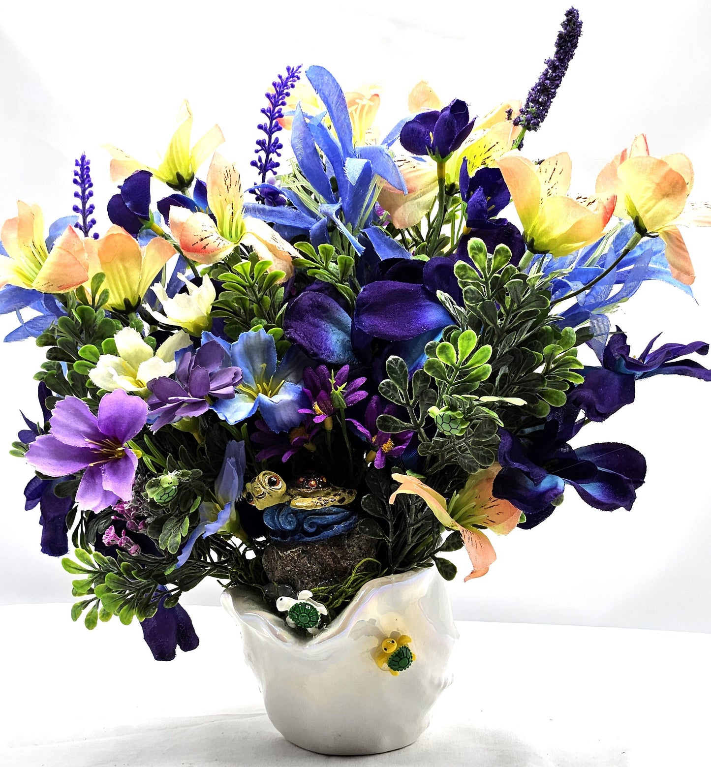 Cute Turtles Amidst a Purple and Yellow Floral Centerpiece Set in a Ceramic White Seashell, Great Gift for the Beach and Tropical Lover