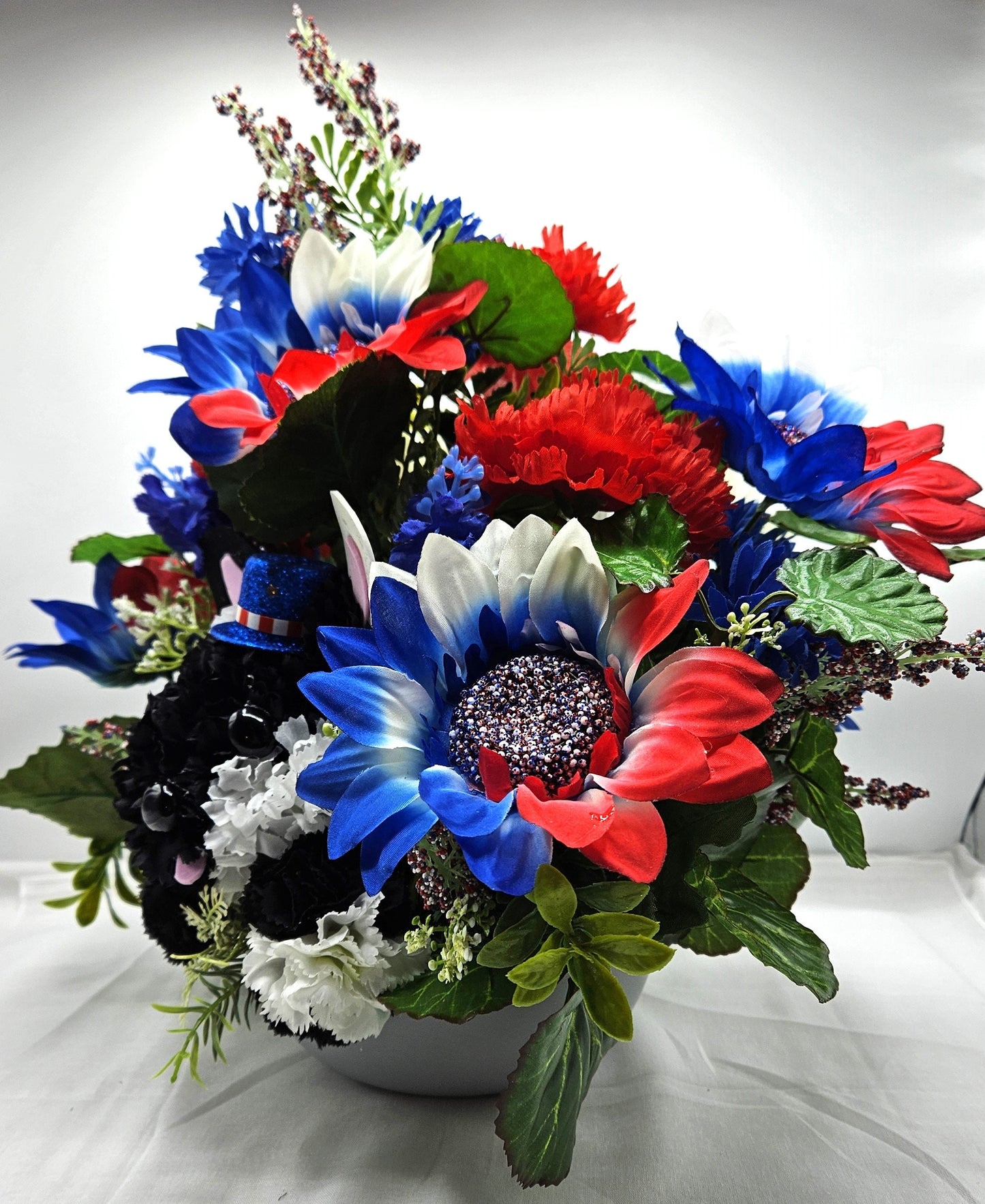 Black and White Silk Carnation Flower Dog Decor, Red/White/Blue Floral Garden, Patriotic Gift, Dog Lover Decor