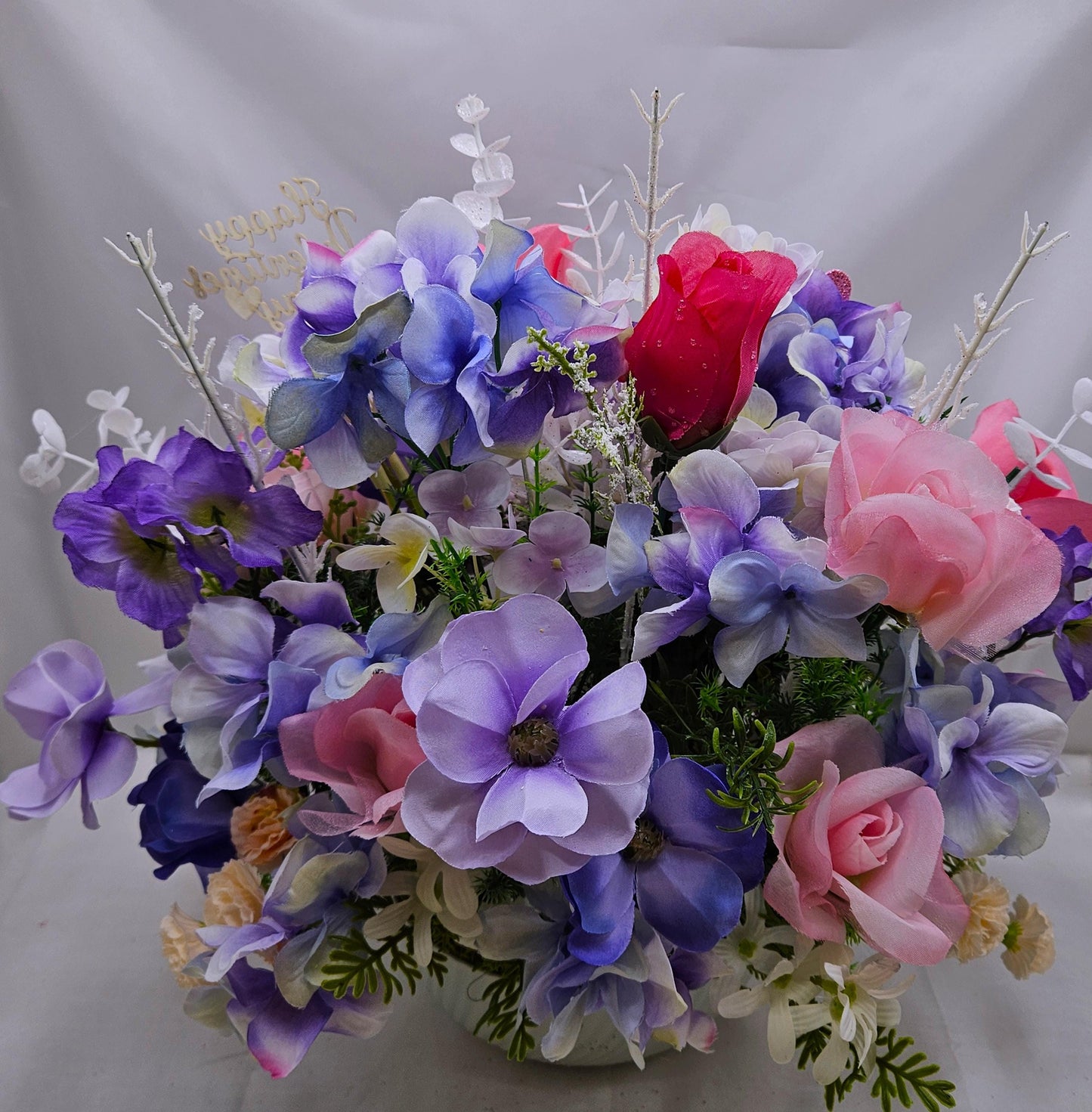 Valentine Romantic Decor, Fluffy Grey Puppy, Pink Roses Magic, Purple Flowers, White Glitter Shine, Gift, Greenery