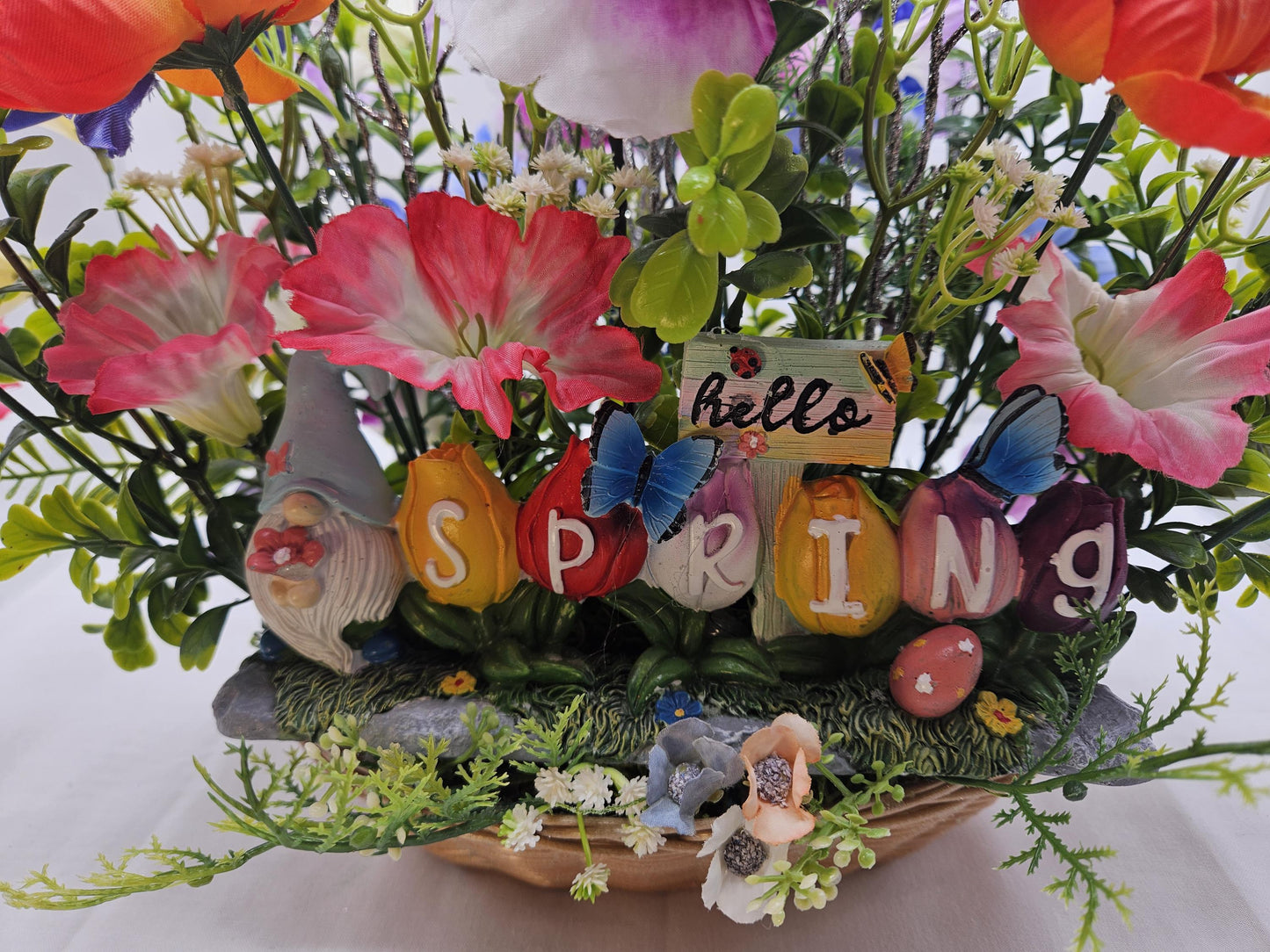 Winter Blues? Welcome Spring Flower Arrangement w/Bright Spring Flowers and Lucky Gnomes, Two Options in Oval Wicker Basket/Great Gift/Decor