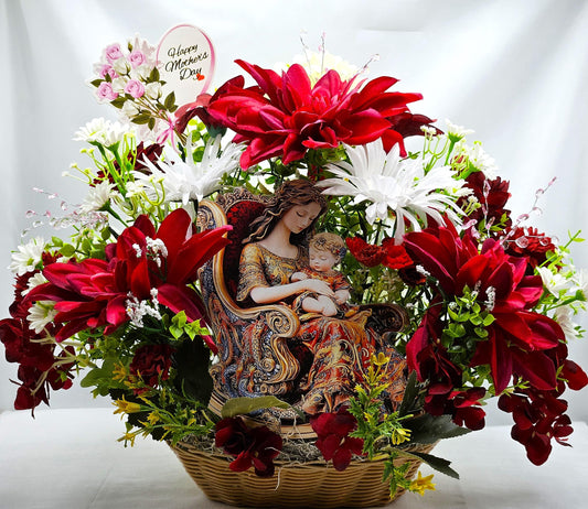 Elegant Floral Mother in Rocker Holding a Child, Vintage Look in Garden of Burgundy and White Flowers/Lush Greenery/Baby's Breath/Gift Idea