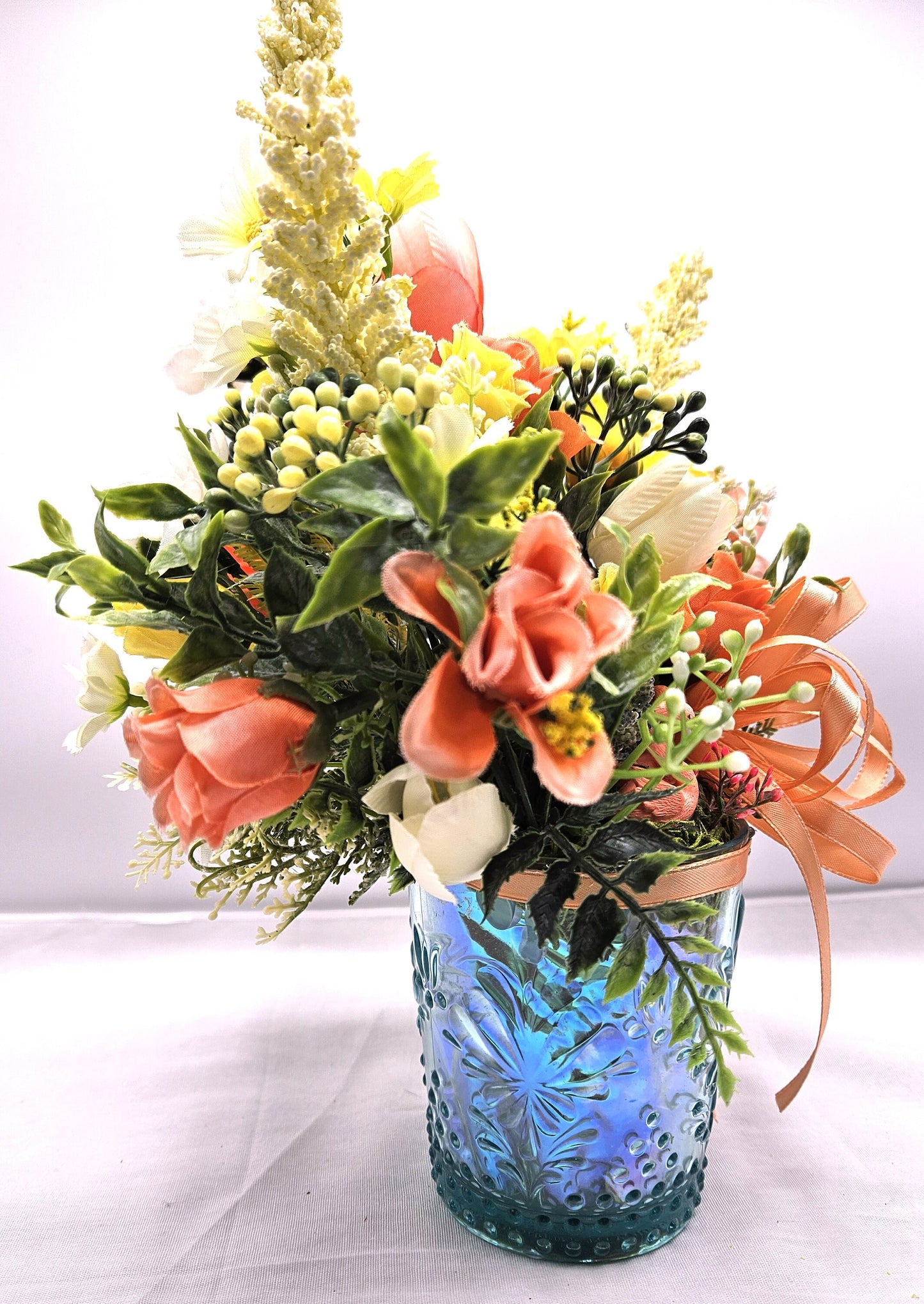 Flamingos Set in Blue Ribbon Deco Glass with Peach/Yellow/cream Colored Flowers/ Peach Bow, Flamingo Lover Gift, Gift for Her, Animal Lover