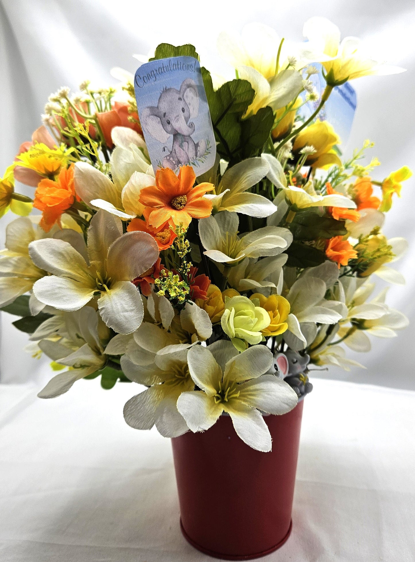 Congratulations Elephant Flower Arrangement - Yellow & White Flowers in Red Bucket, with Heartfelt Messages, Congratulations Gift