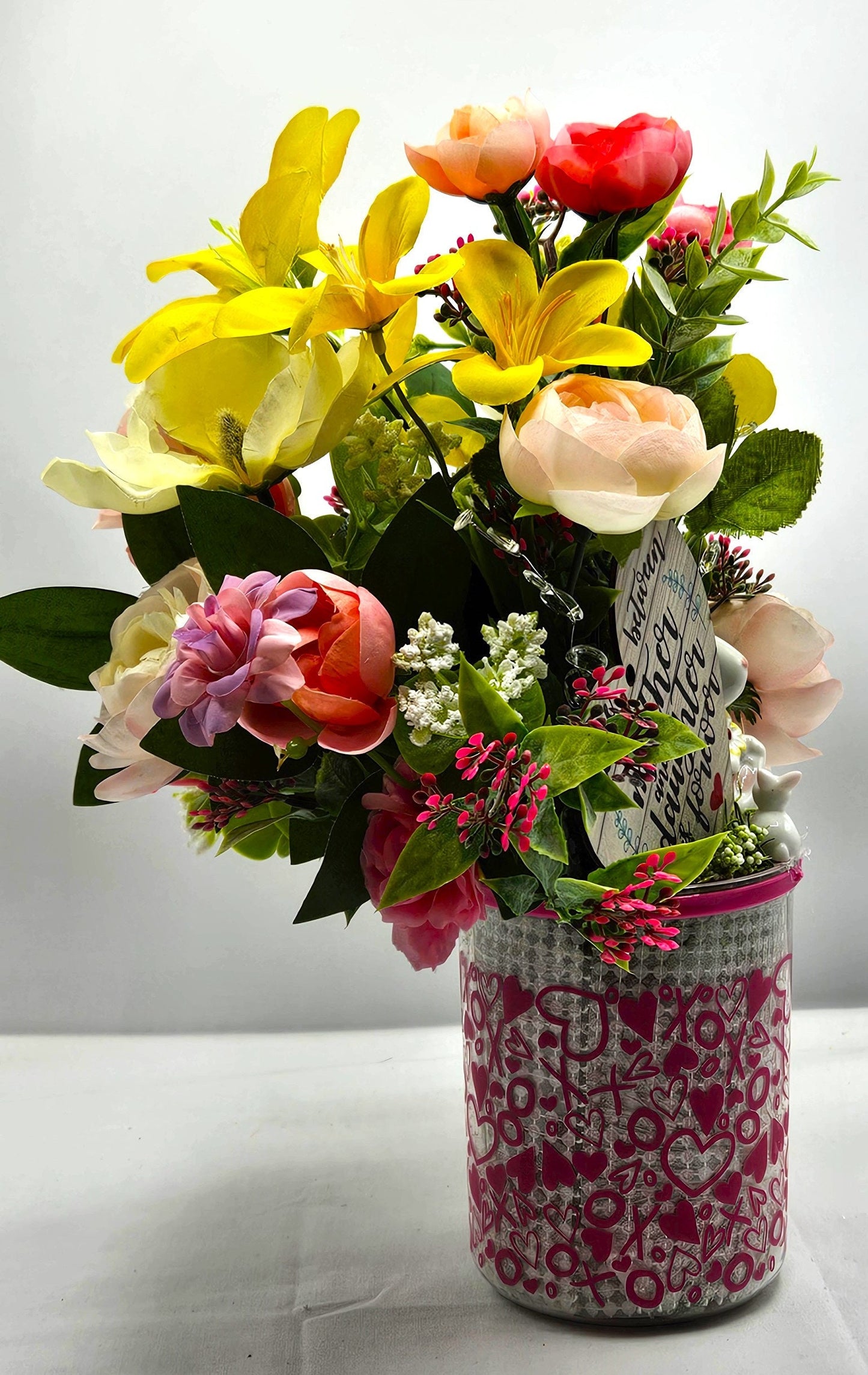 Momma & Baby Rabbits Floral Centerpiece, Heart-Deco Pot with Pink/Yellow Blossoms - Mother's Day Gift, Birthday for Her Gift