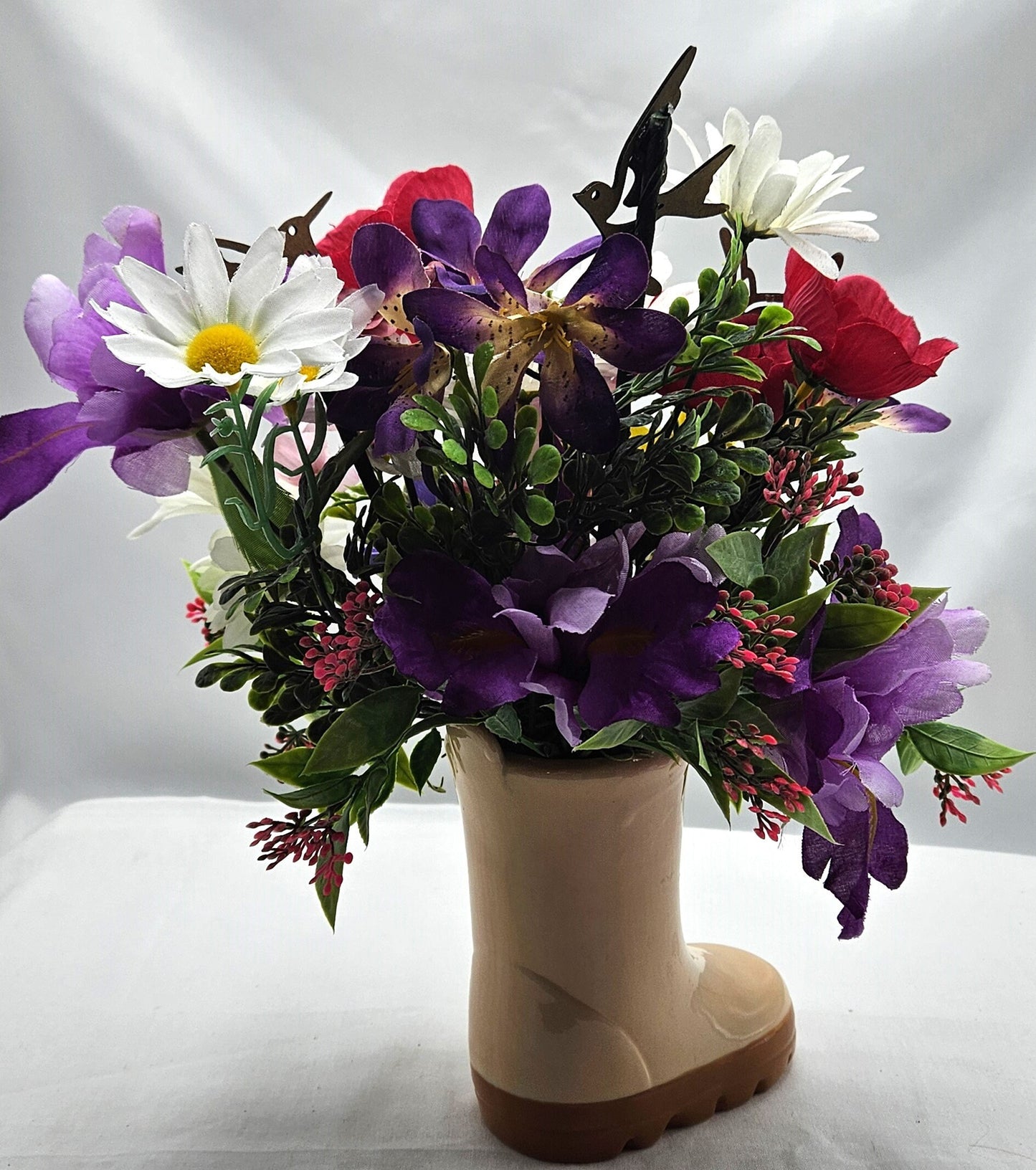 Handcrafted Rain Boot Floral Arrangement with Bird, Two Options, Spring Lover Gift, Mixed Spring Flowers