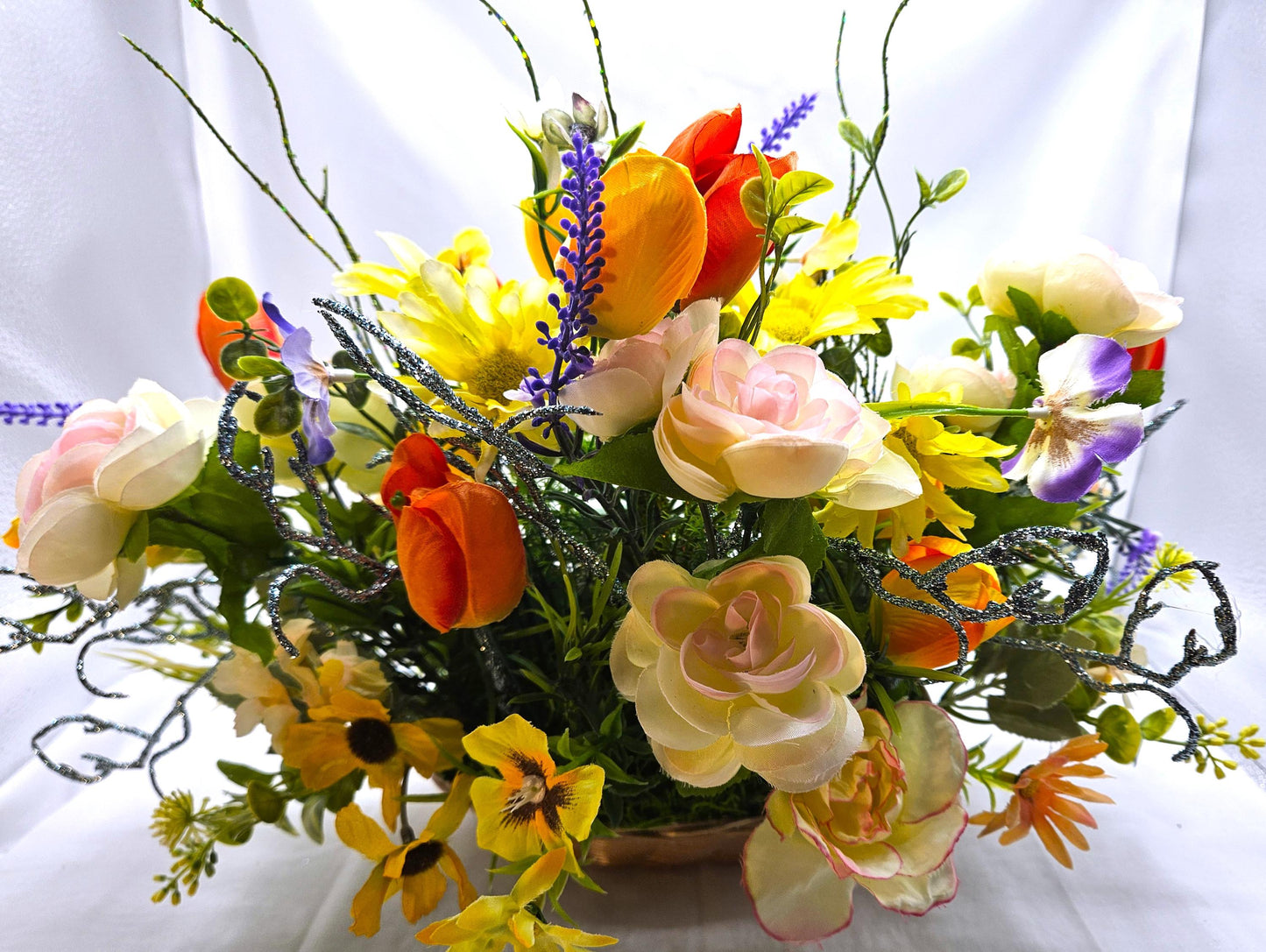 Winter Blues? Welcome Spring Flower Arrangement w/Bright Spring Flowers and Lucky Gnomes, Two Options in Oval Wicker Basket/Great Gift/Decor