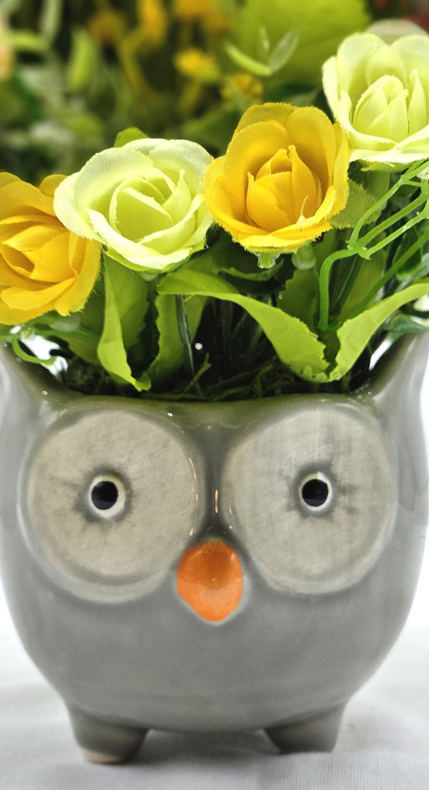 Ceramic Owl Planter, Yellow/Peach Roses/Various Other Flowers, Owl figurine, Owl Lover Gift, Gift for Nature Lover, Gifts for Any Occasion