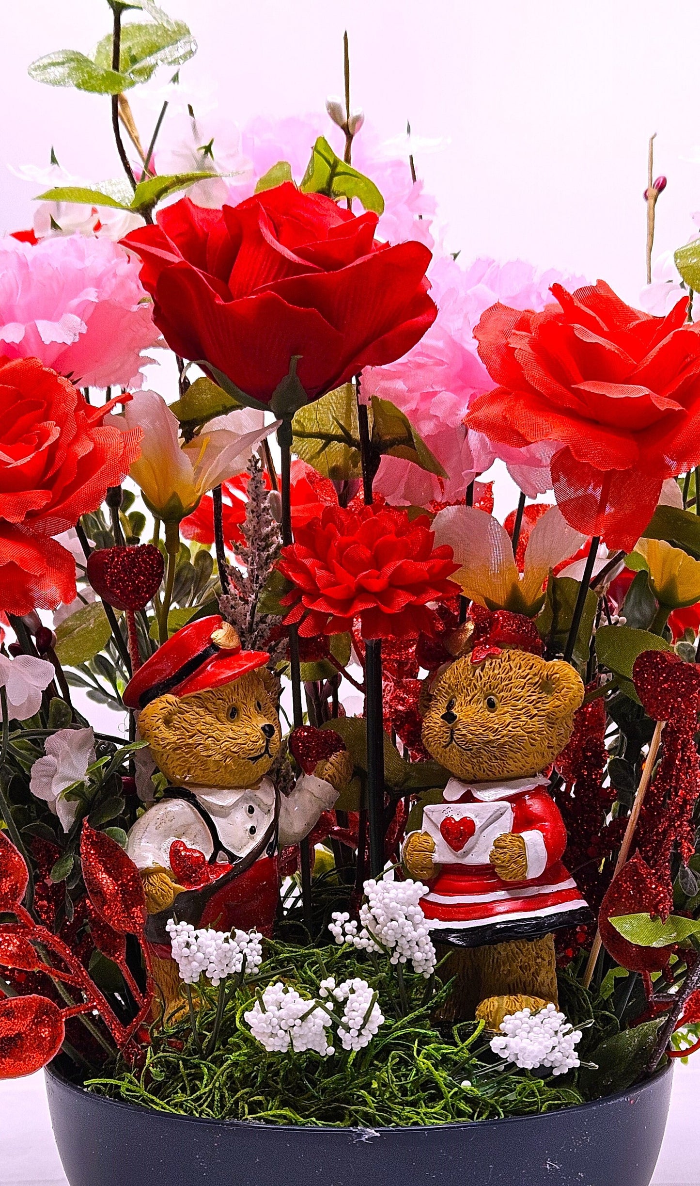 Romantic Centerpiece Sweetheart Bears, Bear Figures with Red Roses, Pink Carnations, Valentine's Gift