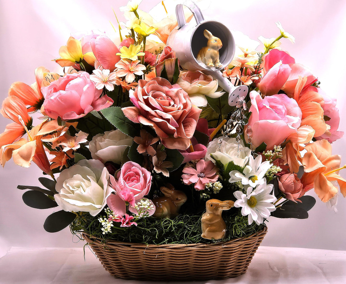 Oval Basket Flower Arrangement, Watering Can, Roses, Wildflowers, Bunnies, Housewarming Gift, Gift for Her