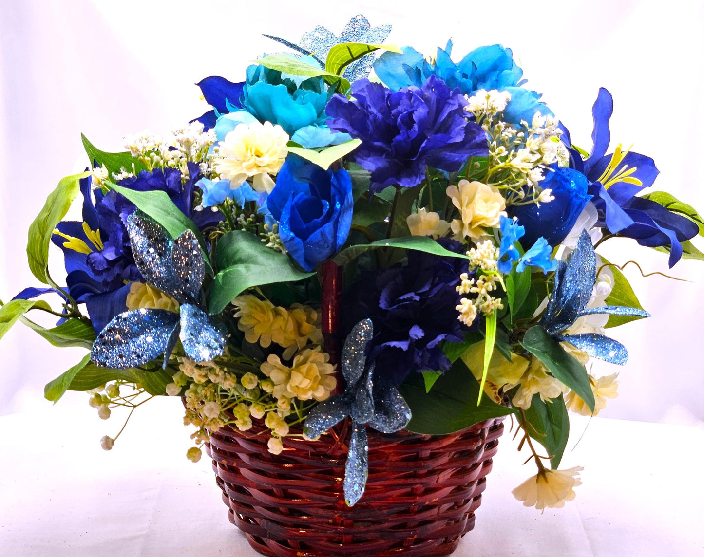 Charming Blue Artificial Flower Basket, Silk Floral Decor, White Accents, Unique Gift for Her, Wedding Decor