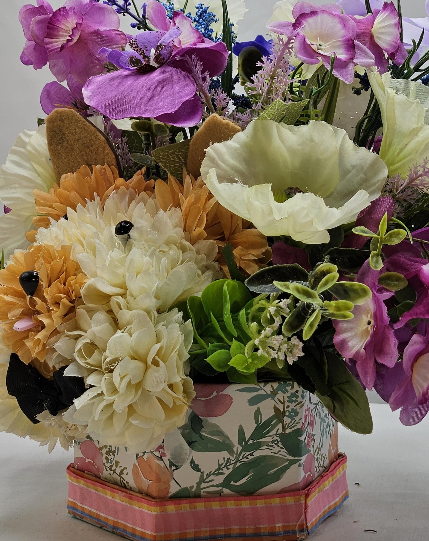 Handmade Carnation/Mum Flower Dogs/Two Options, in Box or Basket, Pieces filled w/Multi-Colored Sprimg/Summer Flowers/Greenery/Other Accents