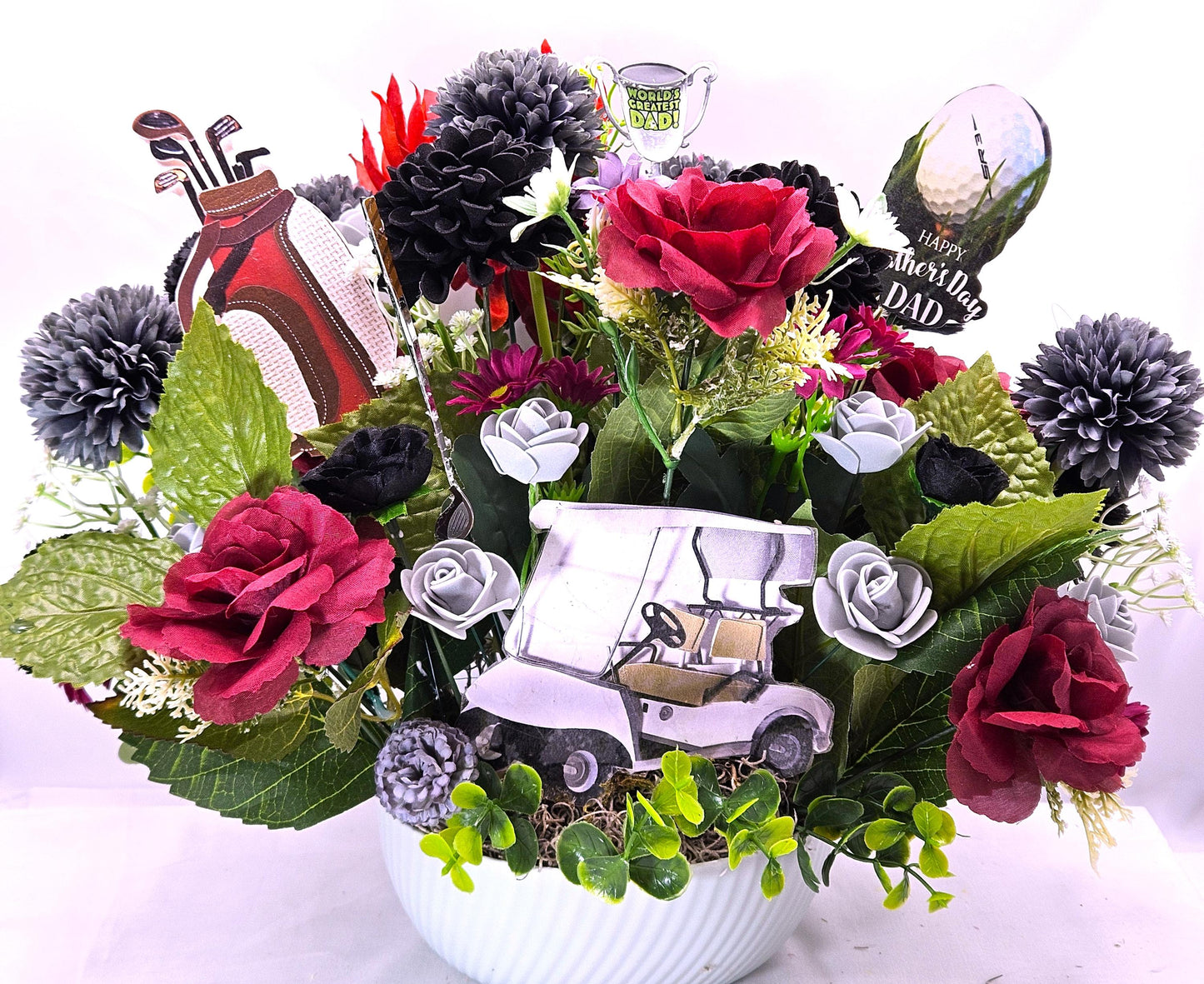 For the Golf Lover/A gift for Him/Golf Cart/Bag/Balls/Manly Floral Gift/Orange/Yellow or Gray/Red/Black/Golf Enthusiast for Any Occasion