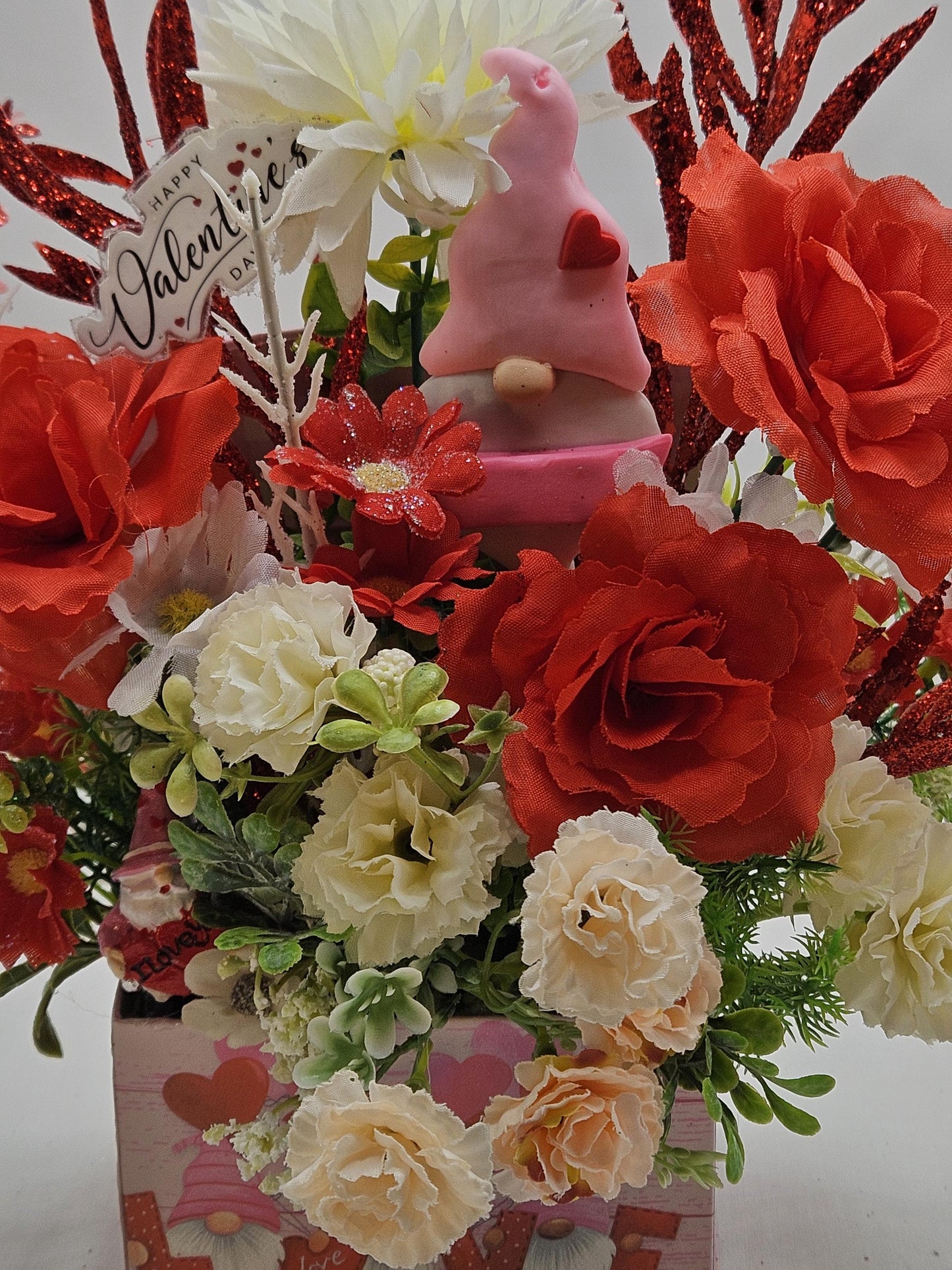 Gnome Heart Romance, Floral Arrangement in Decorated box w/lid, Two Options, Red Carnations/White Roses or Red Roses/White Carnations /Love