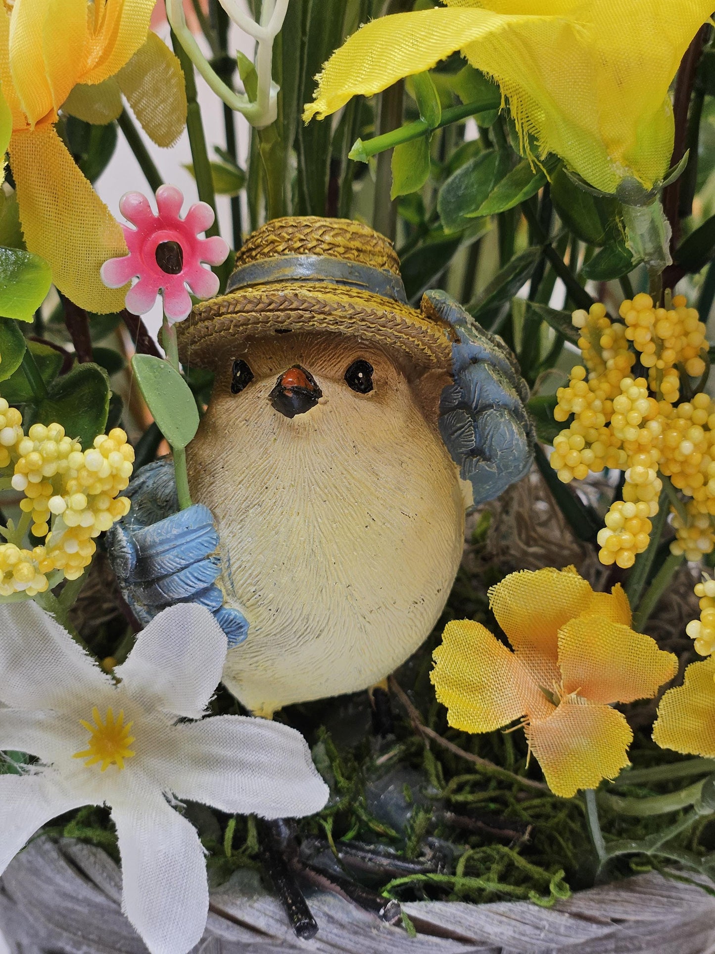 Mother's Day Bouquet in Wicker Type Pot/Love on Mother's Day/Featuring a Cheerful Bird in a Garden of Vibrant Yellow/Peach Flowers/Butterfly