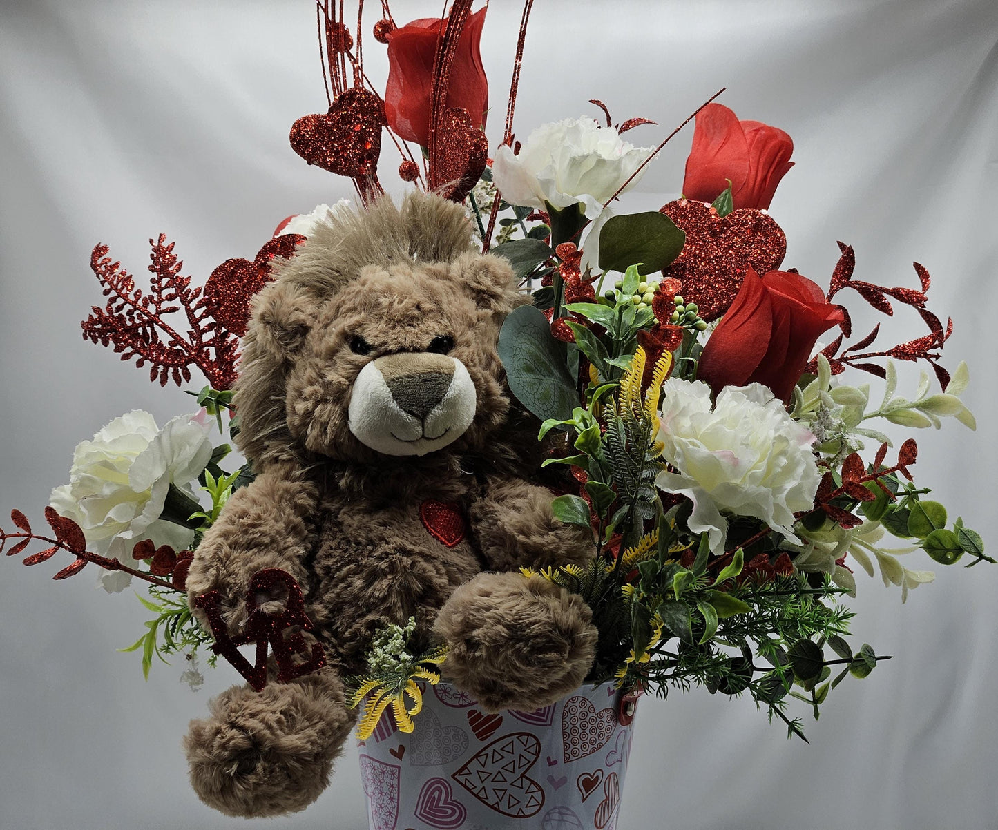 Lovable Lion or Gorilla with Red Roses, Romantic Floral Arrangement, Valentine Gift, Glittery Accents, Hearts Decor, Carnations