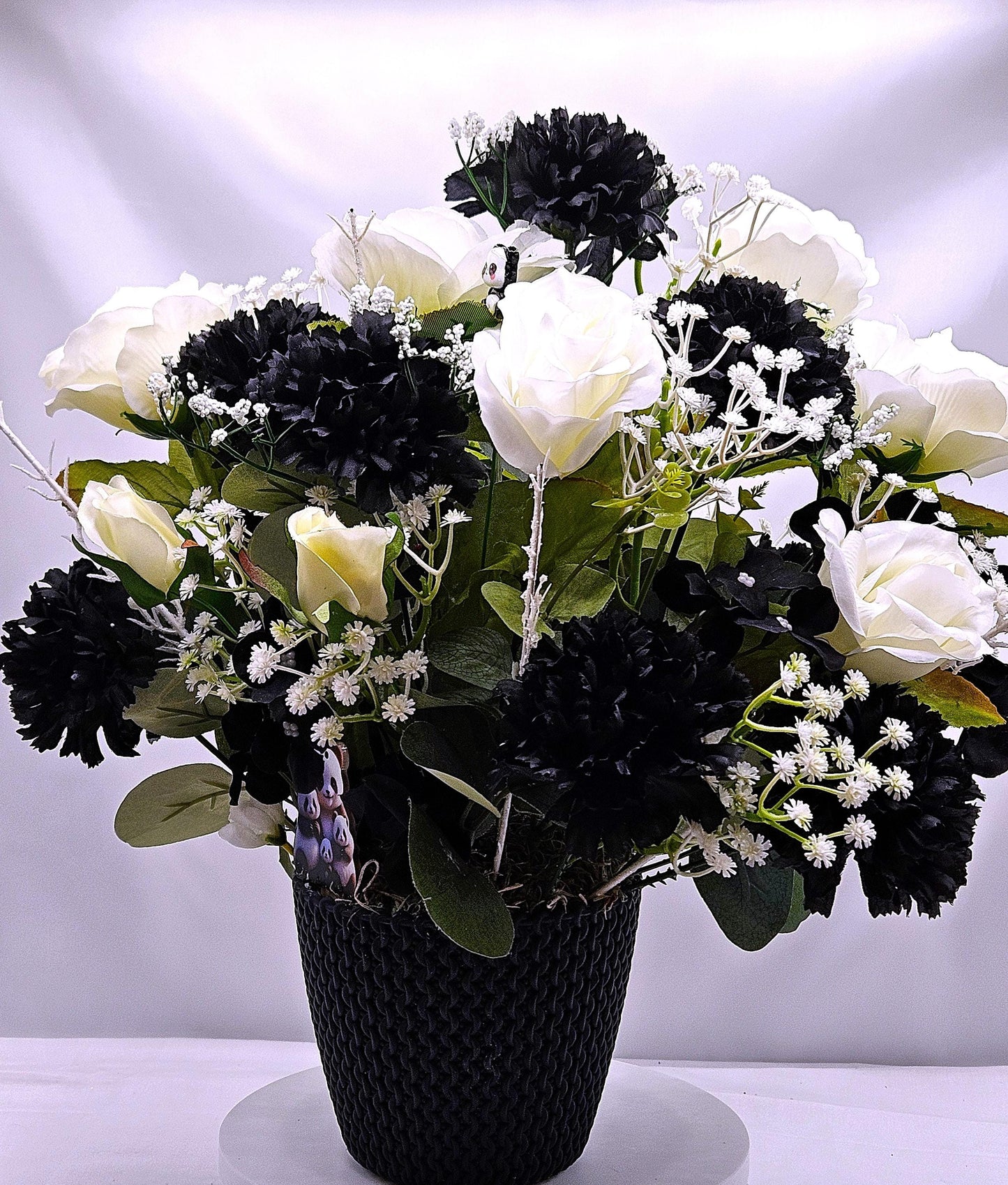 I Love Pandas Flower Arrangement/Black Flower Pot/White Roses/Black Carnations/Panda Bear Accents/Great Gift or Home Decor/Panda Bear Lover