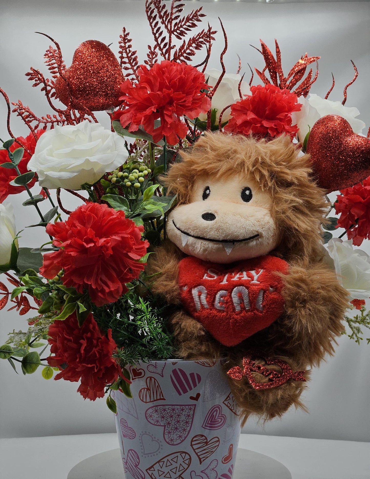 Lovable Lion or Gorilla with Red Roses, Romantic Floral Arrangement, Valentine Gift, Glittery Accents, Hearts Decor, Carnations