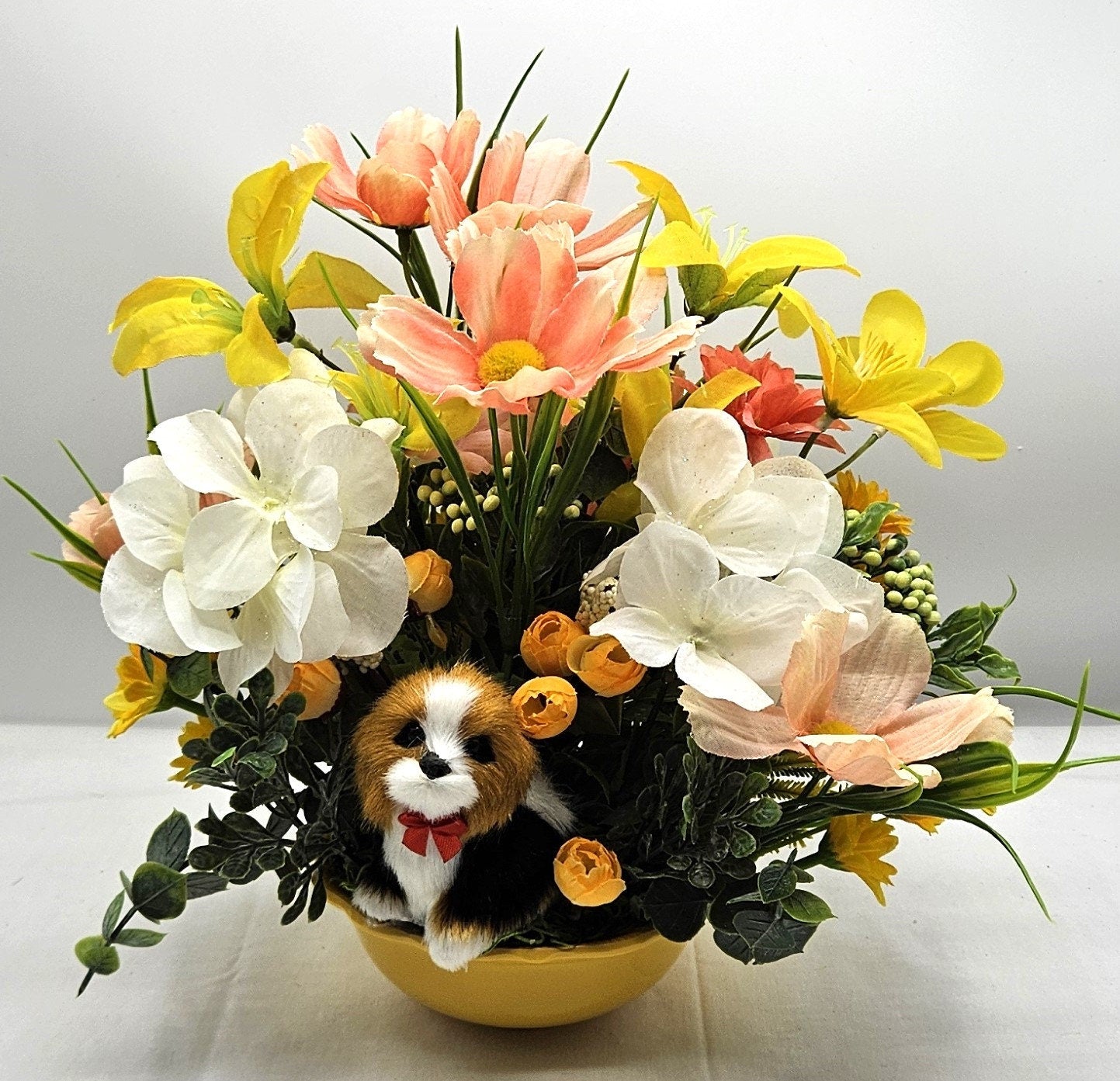 Dog Lover's Flower Centerpiece in Yellow, Orange, or Blue Bowl - Vibrant Spring/Summer Floral Arrangement