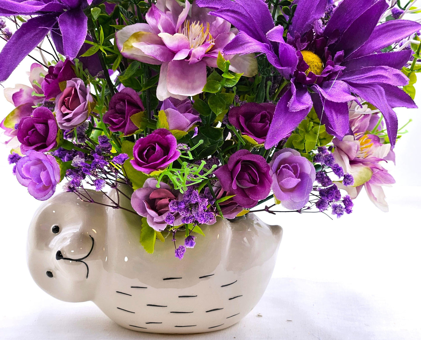 Ceramic Sloth flower Pot Overflowing with Elegant Purple/Lilac Roses, Daisies/other Delicate Flowers/Some Baby's Breath/Small Hanging Sloth