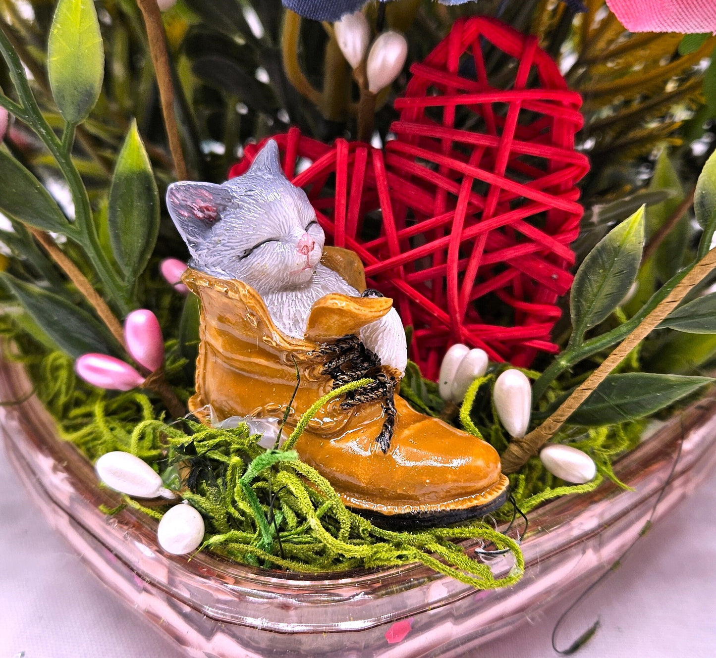 Heart-Shaped Romantic Flower Arrangement/Choose Cute Cat in Boot, Chihuahua Pups, or Big Bow/with Assorted Florals & Heart Love Signs