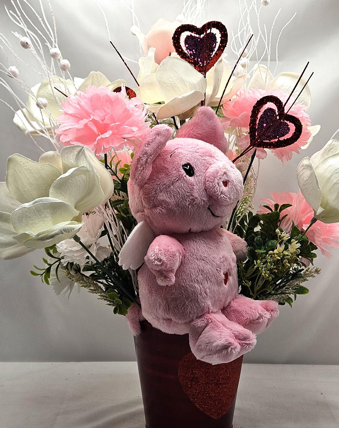 Love Teddy Bear or Flying Pig Floral Centerpiece, Roses Carnations Magnolias, Glittery Hearts, Home Decor, VALENTINE