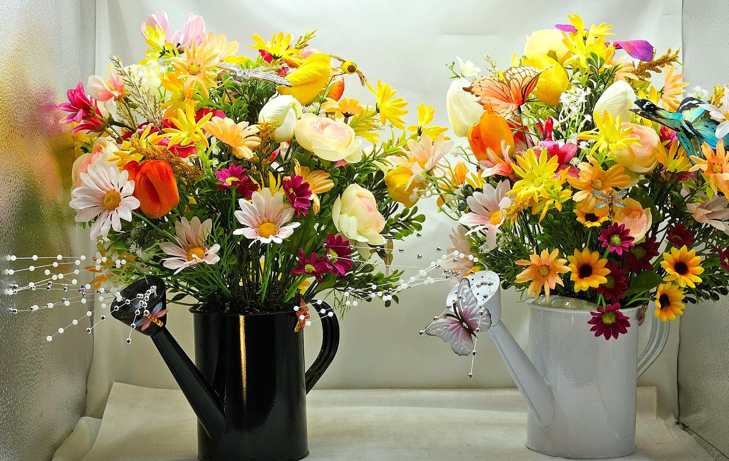 Dragonflies with Flowers - One Option Left to Brighten Your Spring/Summer W/Colorful Spring/Summer Blooms in Black Watering Can