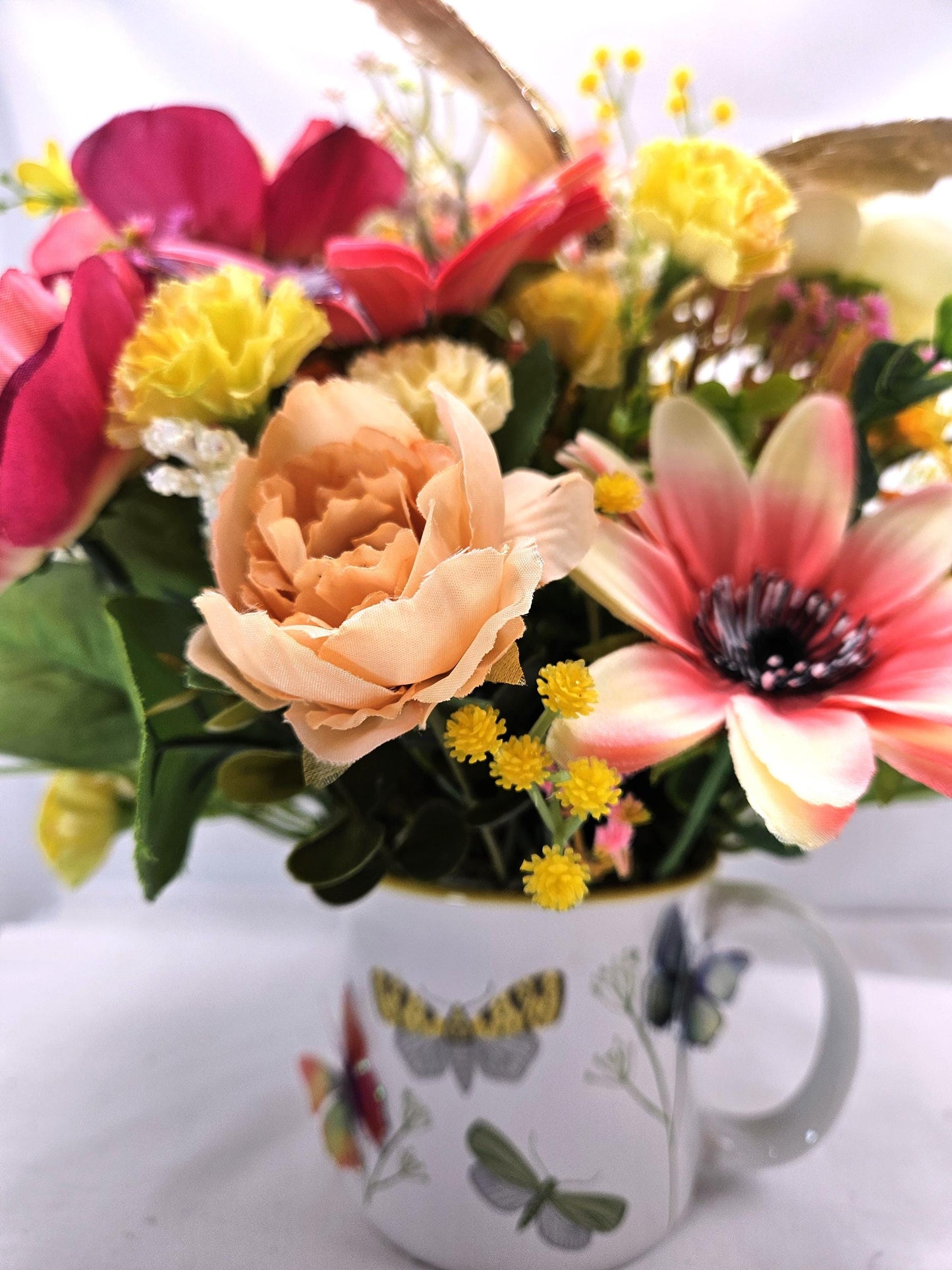 Butterfly Lover's Delight Floral Centerpiece/White Mug Adorned w/MLoths and Butterflies/Large Gold Butterfly Accent/Pink/Yellow/White Floral