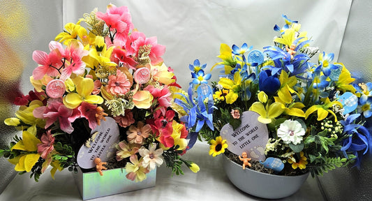 Welcome Baby Flower Arrangement, Boy or Girl Option, Baby Shower Gift/Welcome to the World, Little One, Blue/Yellow or Pink/Yellow