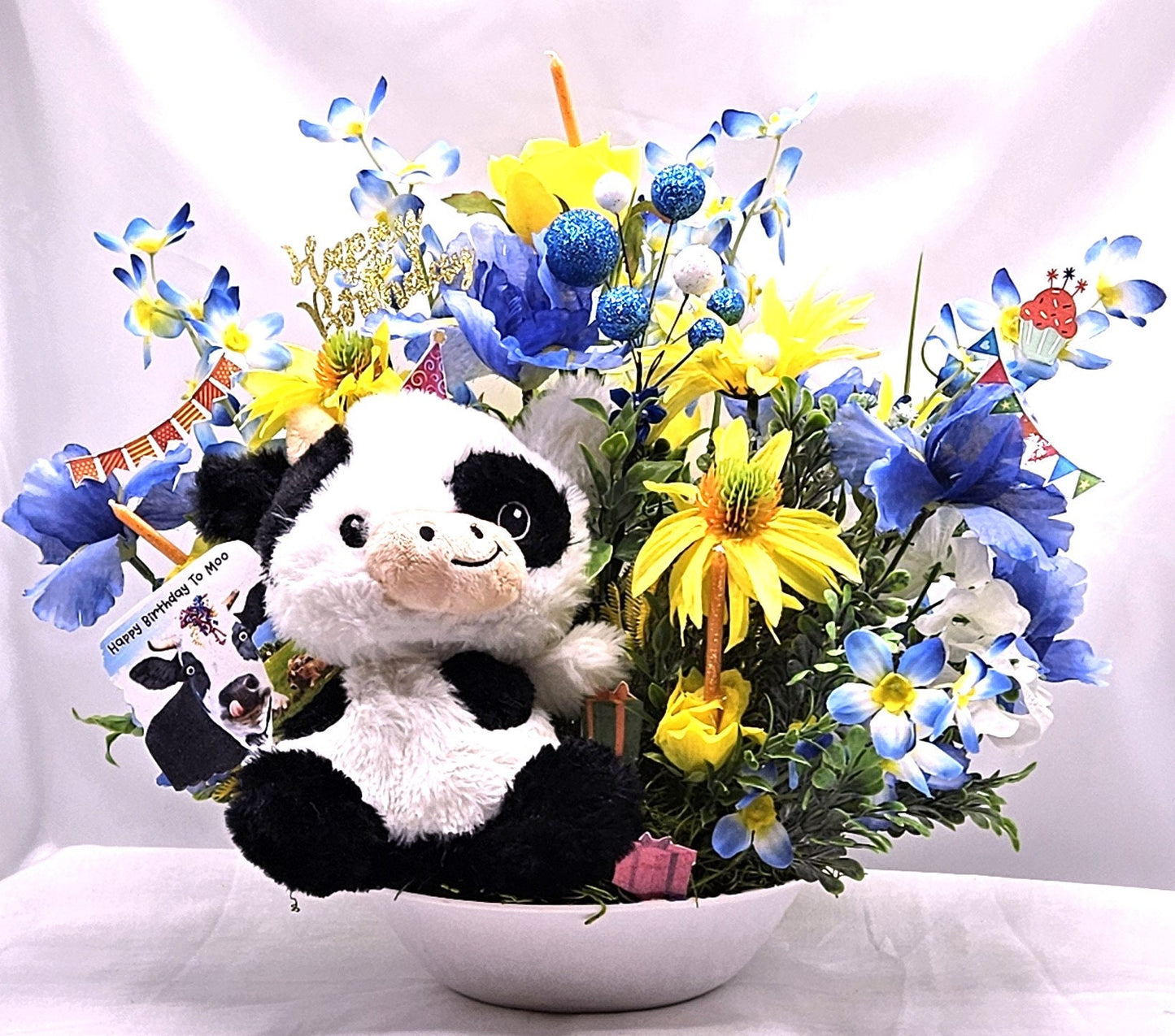 Happy Birthday to "Moo" Cow Lovers Flower Arrangement, Presents/Candles/Balloons/Birthday Sentiments, Blue/Yellow Flowers, Can Personalize