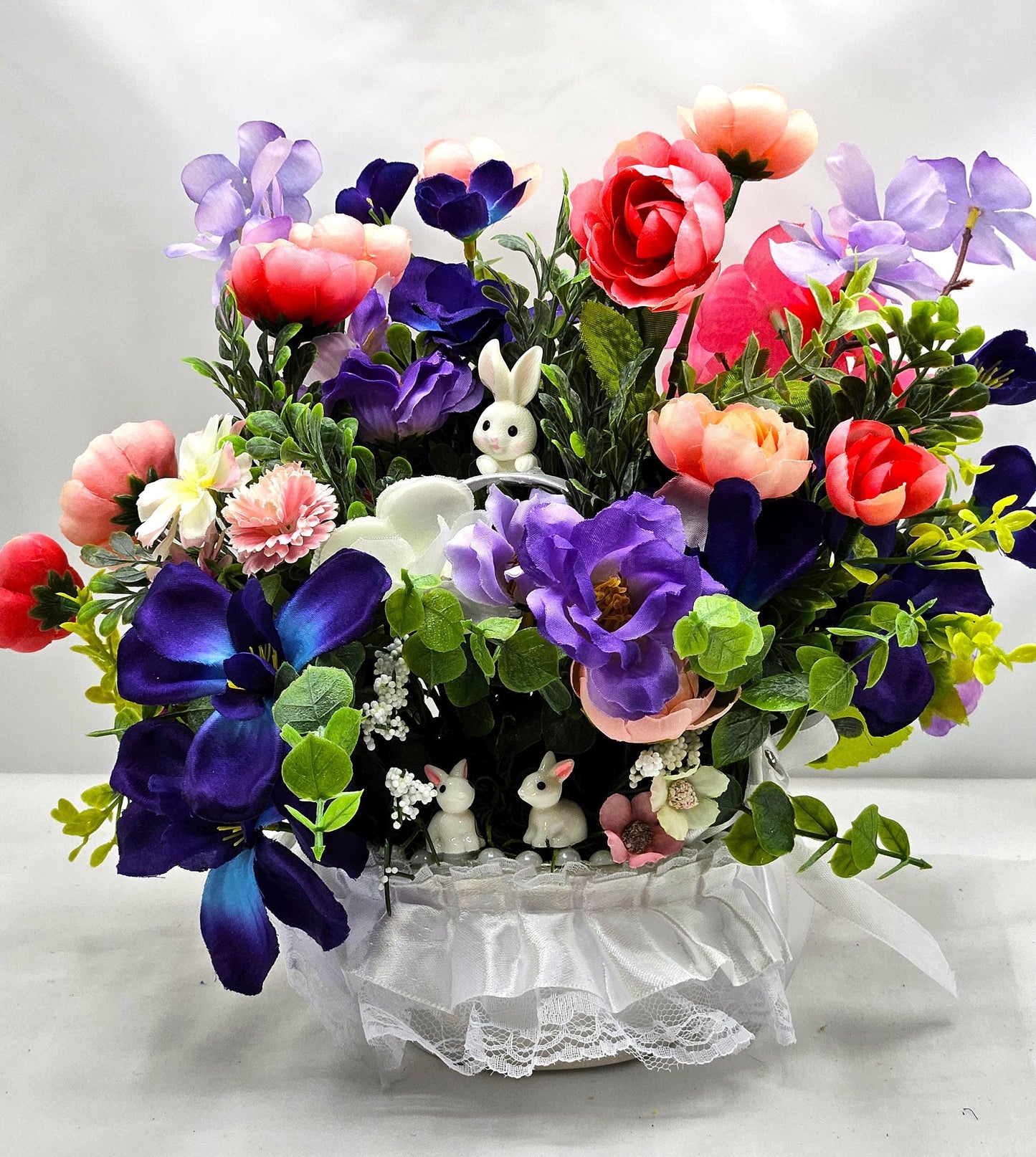 Silk Flowers/Small Satin/Lace Baskets/2 Options/Bunnies w/Peach/Yellow or Peach/Blue Pansies/Roses/Other Flowers/Greenery.Crystals/Pearls/