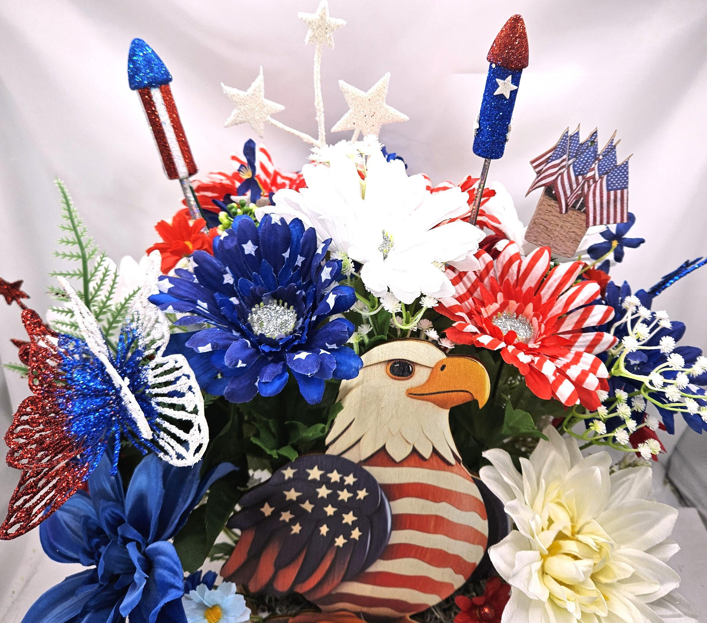 American Pride Garden Decor, Majestic Eagle Display, Floral Patriotism, Stars and Stripes, USA Butterfly Feature