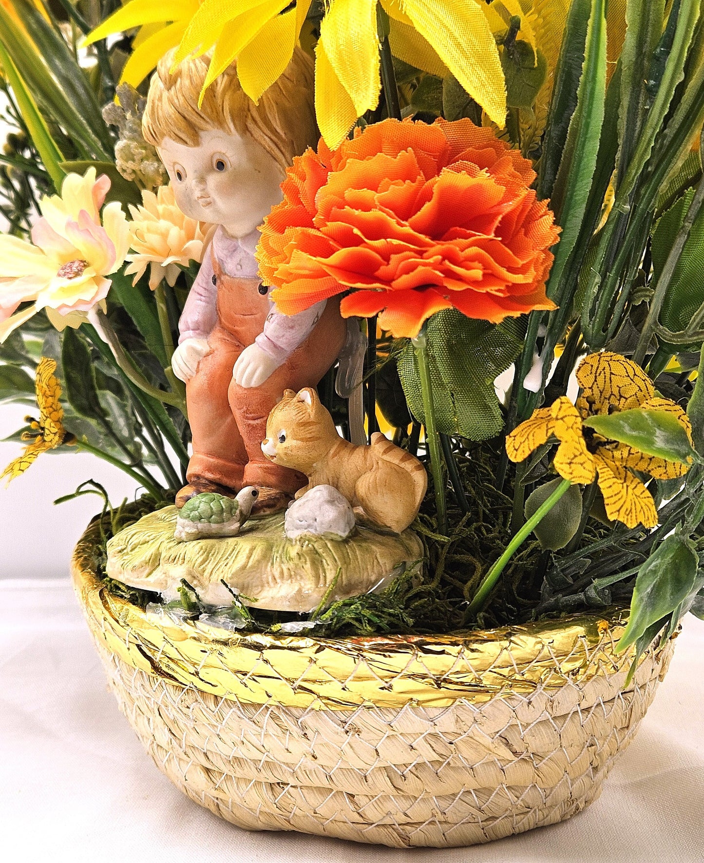 Flower Arrangement Set in Woven Basket, Boy with Cat and Turtle Figurine, Vibrant Yellow/Orange/White Flowers, Home Decor