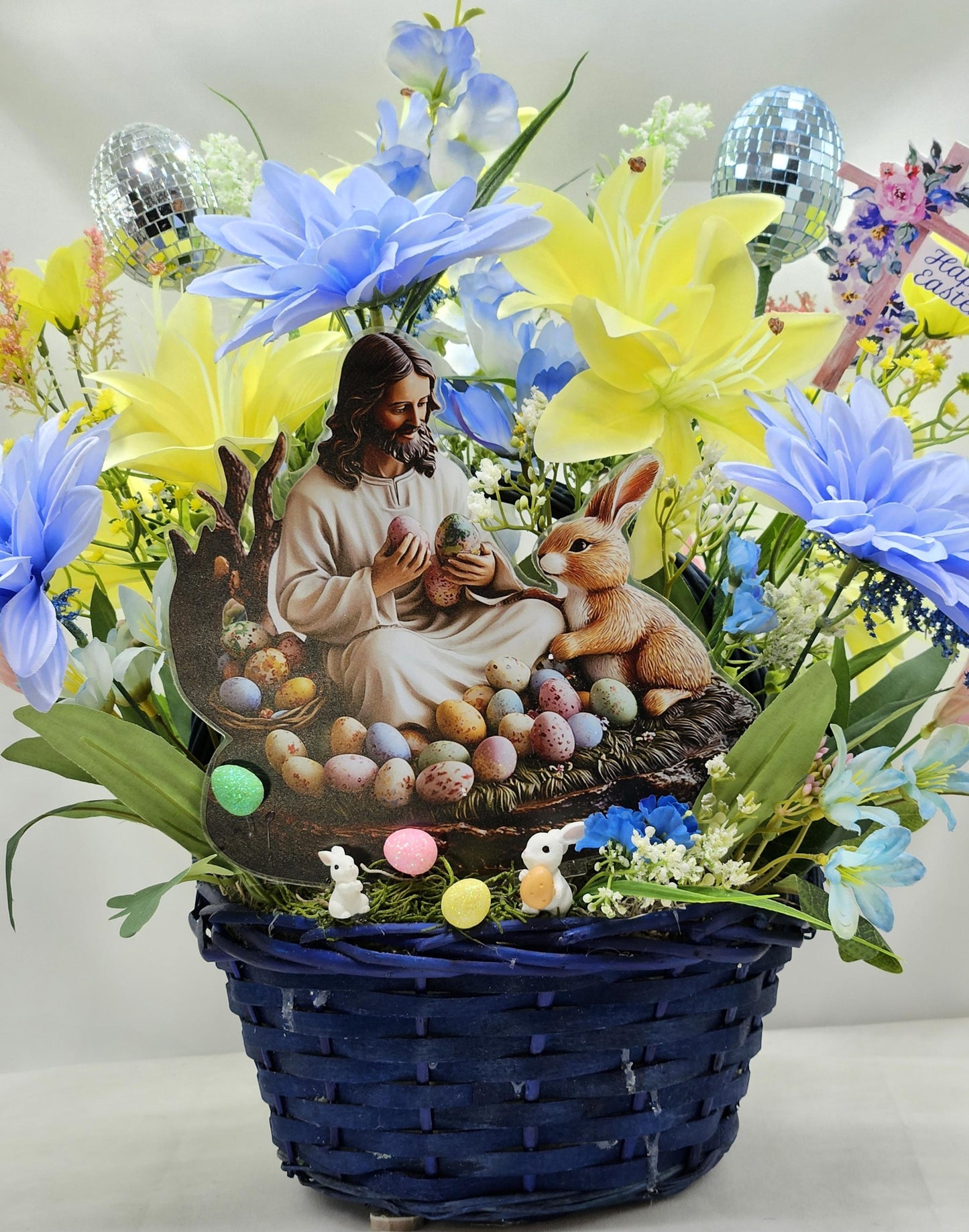 Jesus Sitting with Bunny in Easter Egg Garden and Blue/Yellow Spring Flowers/Other Egg and Bunny Accents, Happy Easter Sign