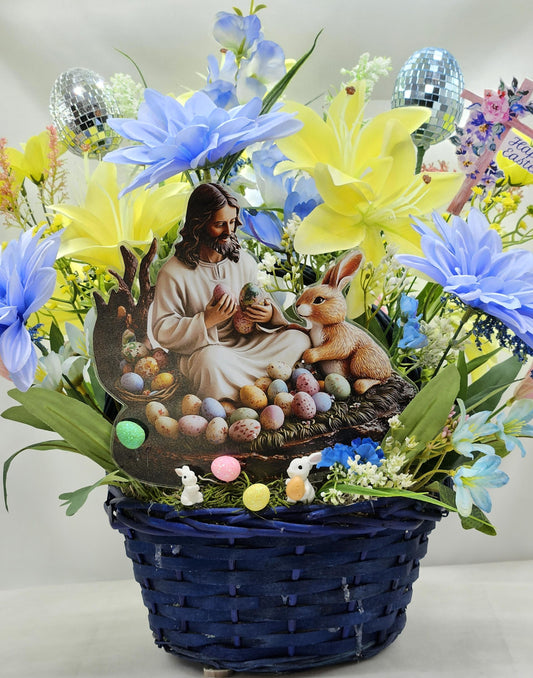 Jesus Sitting with Bunny in Easter Egg Garden and Blue/Yellow Spring Flowers/Other Egg and Bunny Accents, Happy Easter Sign
