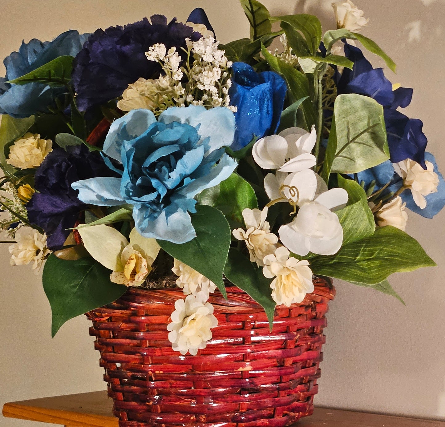 Charming Blue Artificial Flower Basket, Silk Floral Decor, White Accents, Unique Gift for Her, Wedding Decor