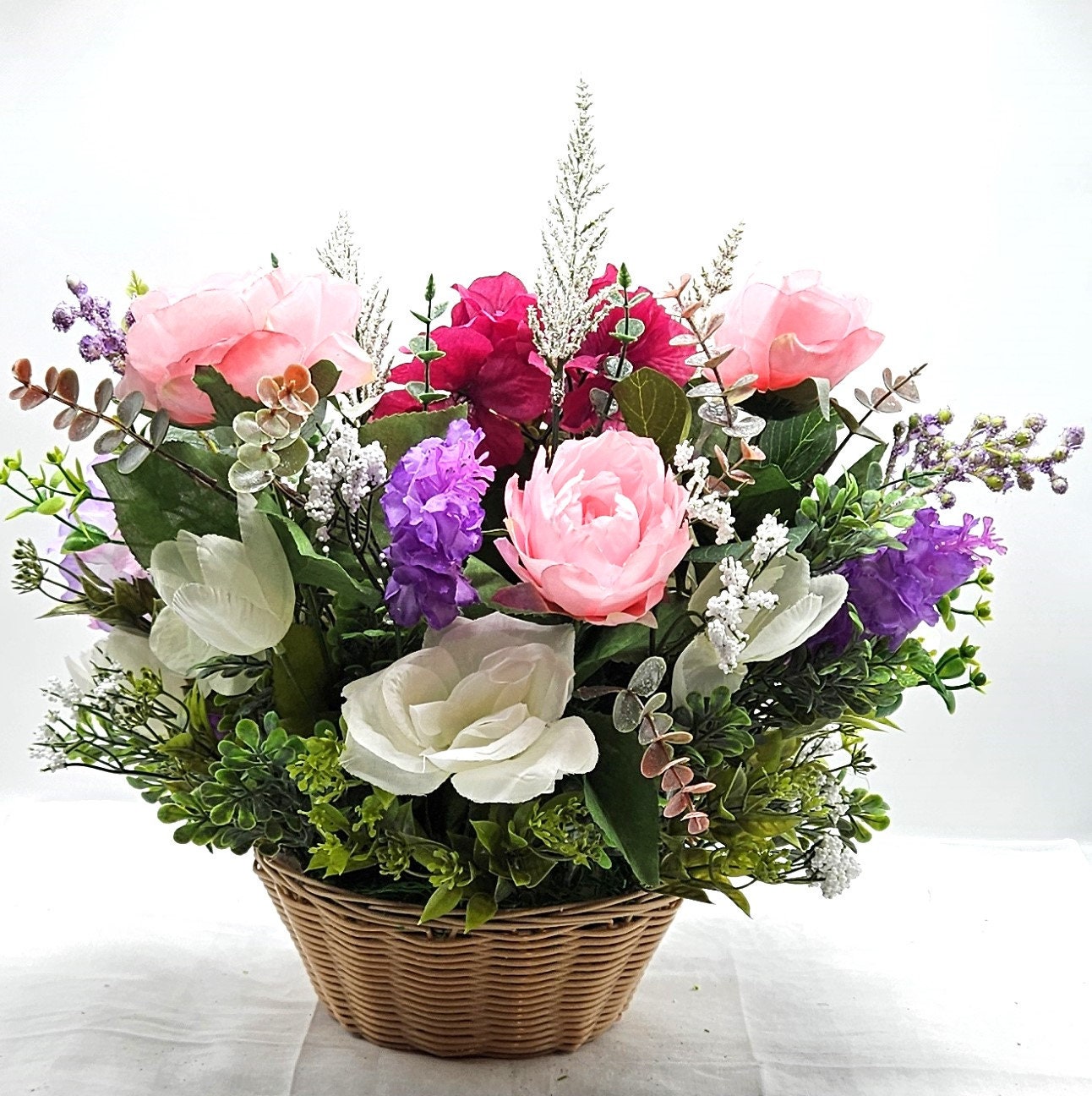 Romantic Lion Love - Cute Lion Romantic Flower Arrangement with Pink and Lilac Flowers, Glittery Hearts, and Cheery Stuffed Lion
