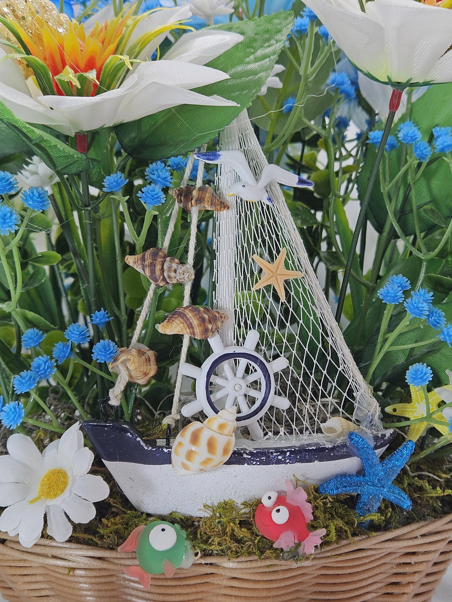 Love the Beach Tropical Floral Arrangement, Sea Shells, Turtle, Starfish, Lighthouse Decor, Blue & White Florals
