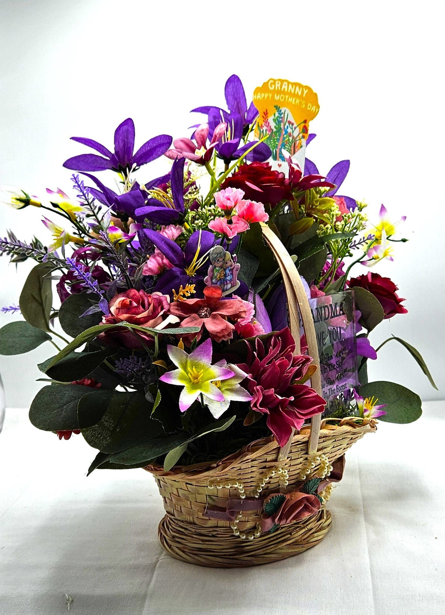 Sentimental Grandma Flower Basket, Pink & Purple Blossoms, Mother's Day Gift, Birthday Sentimental Surprise