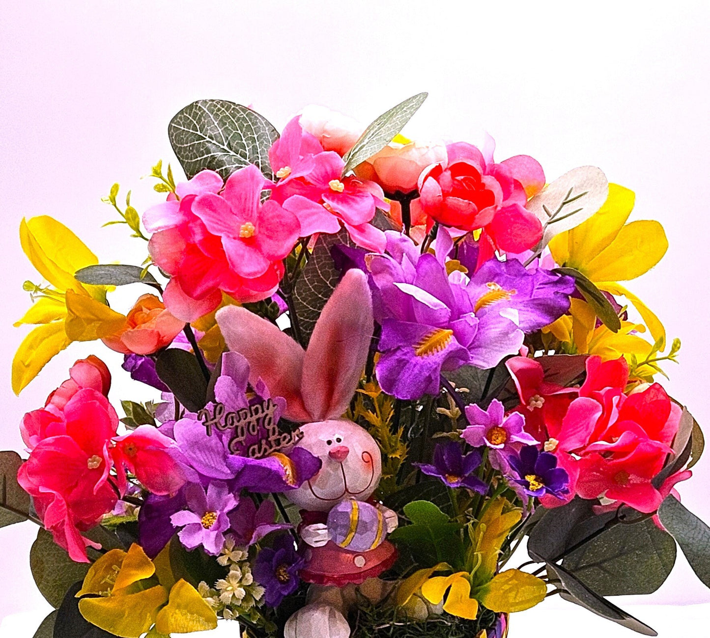 Cheerful Easter Bunnies with Spring Blooms in Easter Basket - 3 Options