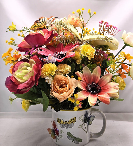 Butterfly Lover's Delight Floral Centerpiece/White Mug Adorned w/MLoths and Butterflies/Large Gold Butterfly Accent/Pink/Yellow/White Floral