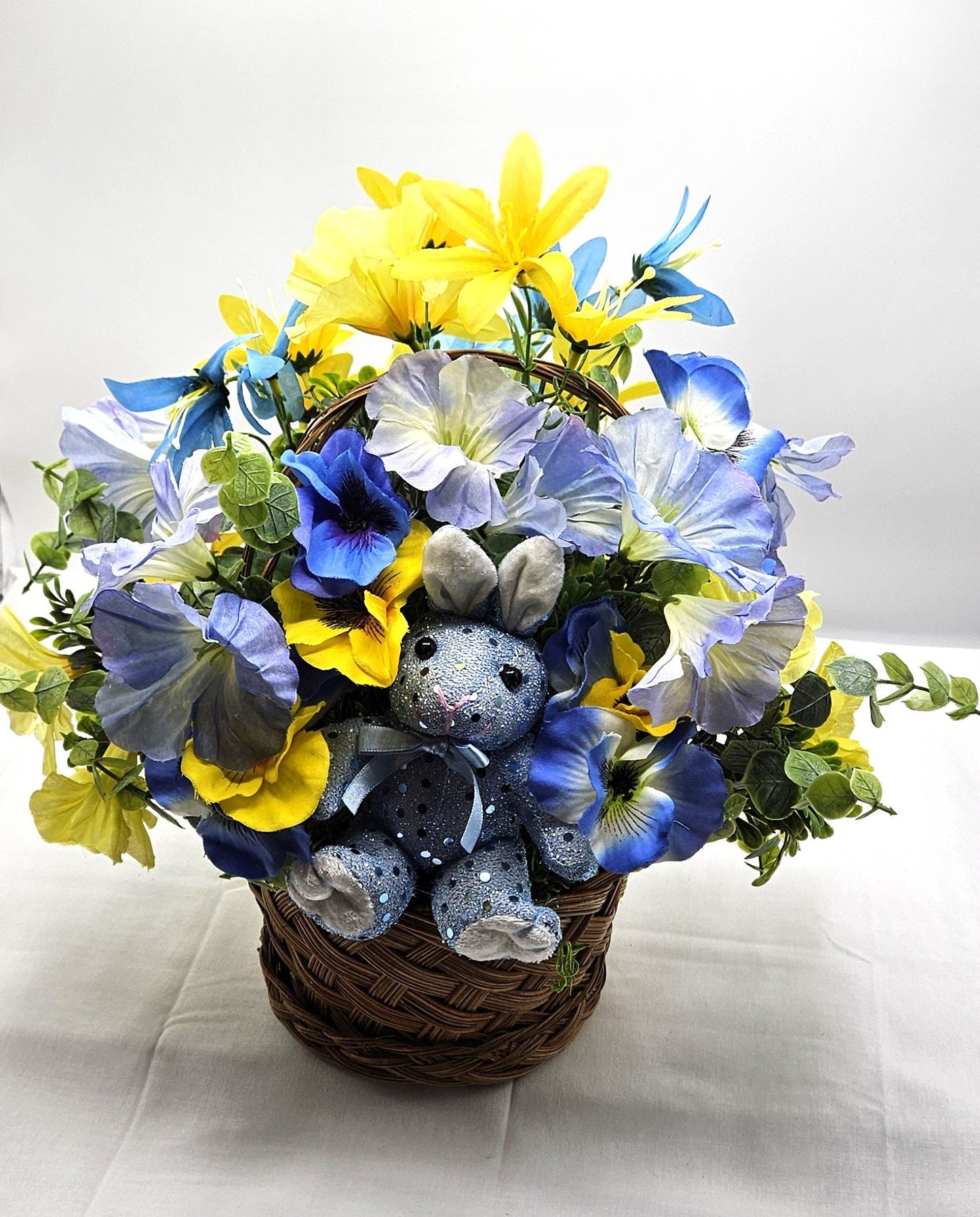 Blue Rabbit In Blue Handmade Spring Flowers Arrangement, Summer Flower Decor, Natural Wicker Basket, Glittery Flowers, Yellow Lilies decor