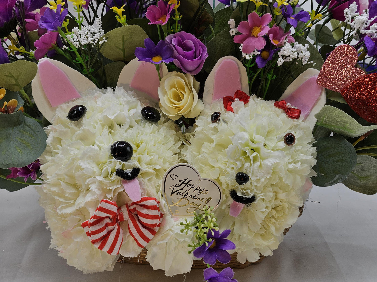 Handmade Carnation Dog Couple, Lilac Purple Pink Flowers, Greenery, Hearts, Valentine Sign, Sweetheart Gift