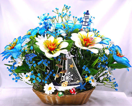 Love the Beach Tropical Floral Arrangement, Sea Shells, Turtle, Starfish, Lighthouse Decor, Blue & White Florals