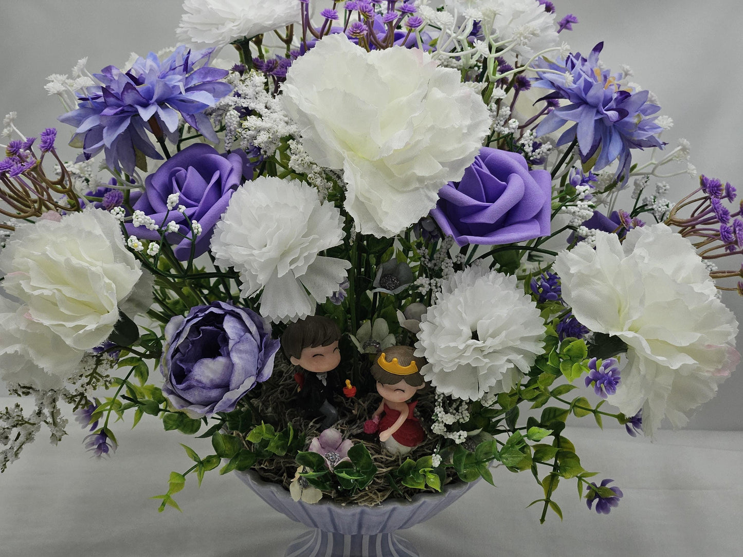 Lovers in a Floral Garden, 2 Options/A Boy's Proposal in Blue/White or Couple Reading in Pink/White/Silk/Foam Roses/Multiple Flowers/Greens